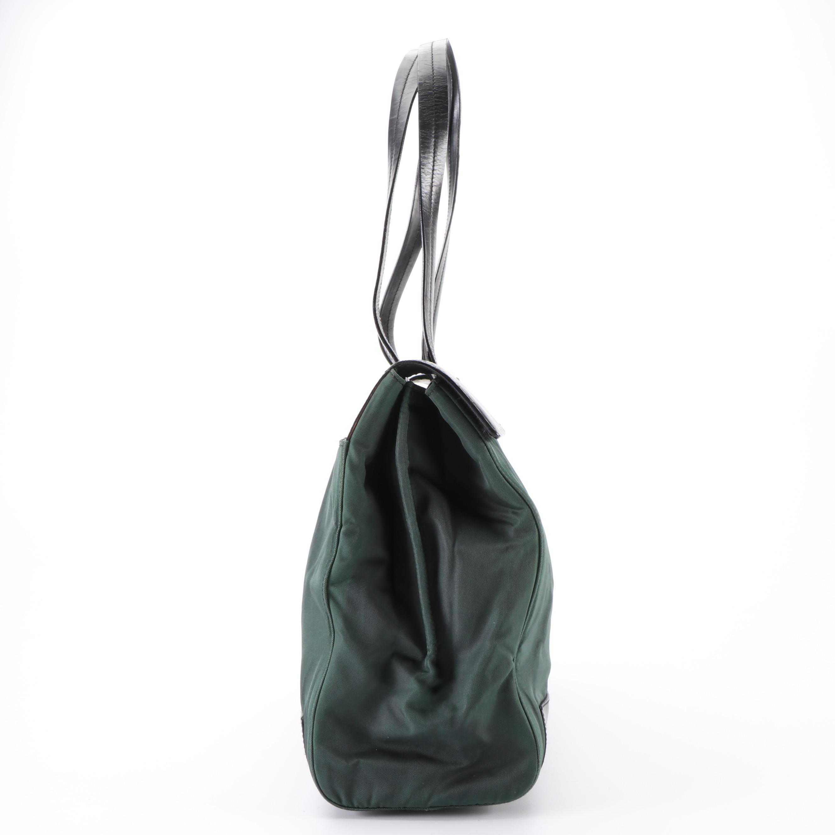 Prada Green Tessuto Nylon and Black Leather Tote