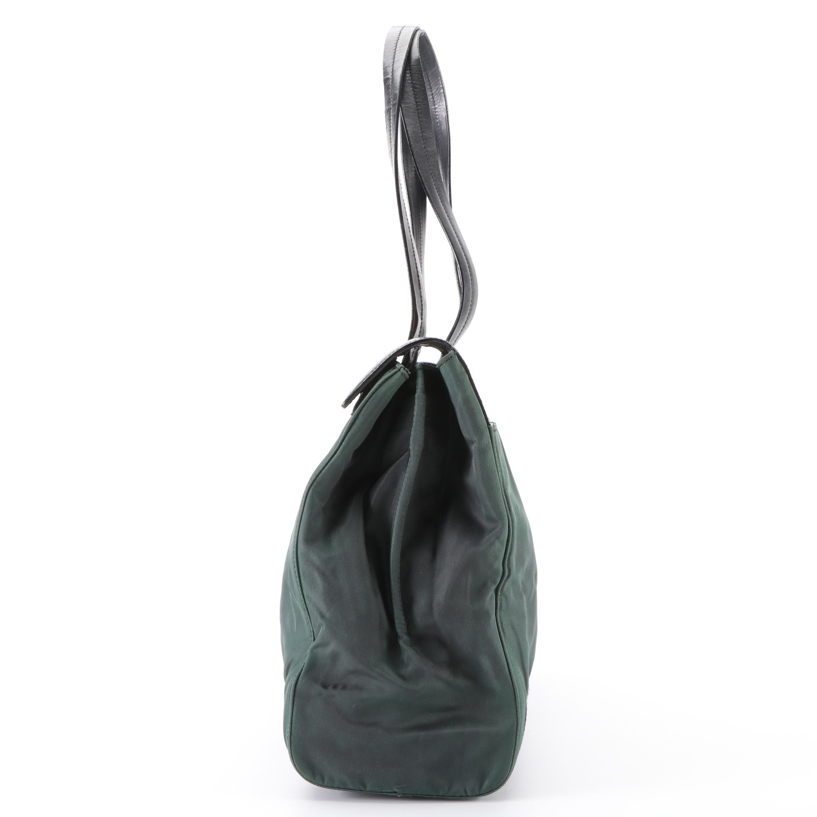 Prada Green Tessuto Nylon and Black Leather Tote