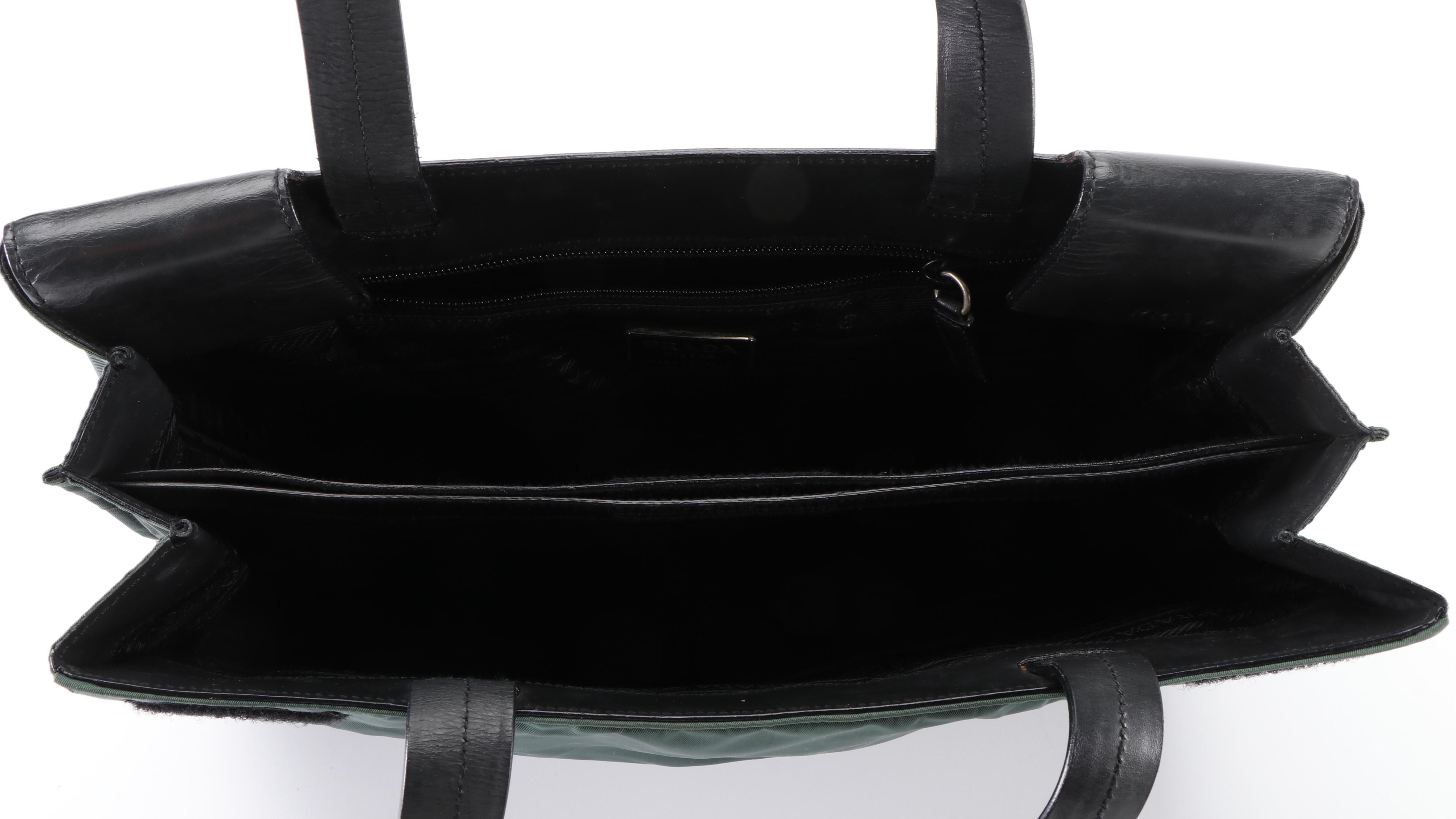 Prada Green Tessuto Nylon and Black Leather Tote