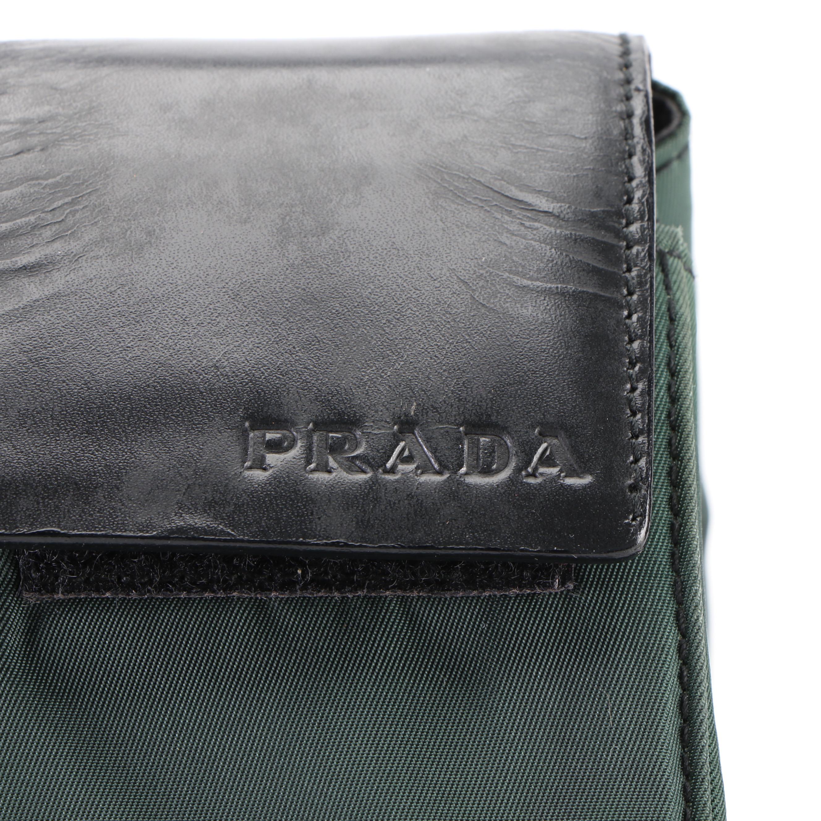 Prada Green Tessuto Nylon and Black Leather Tote