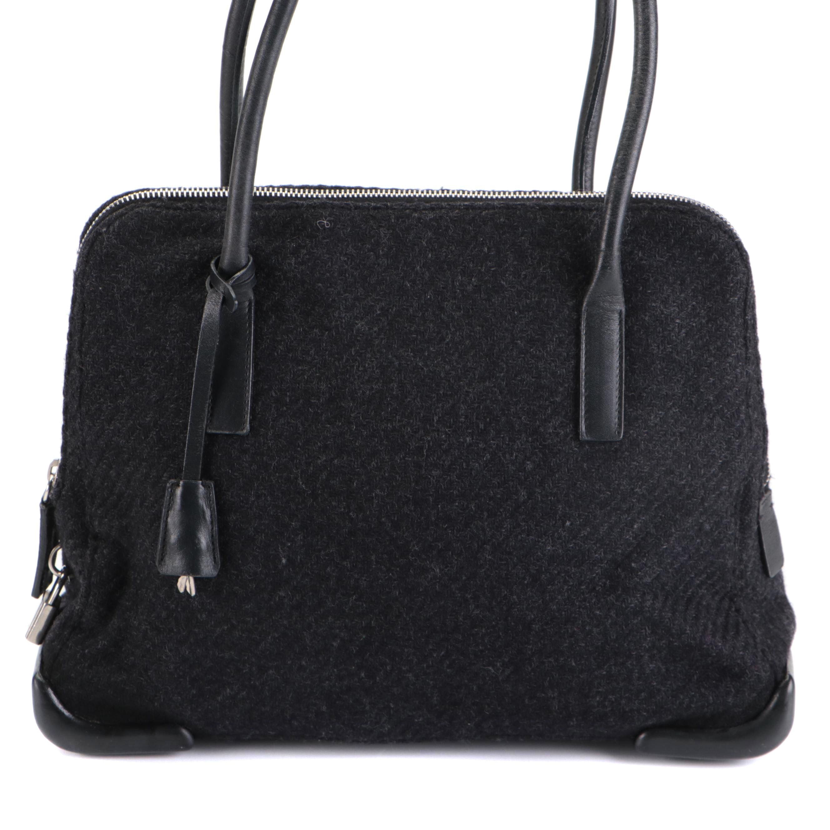 Prada Black Wool and Leather Shoulder Bag