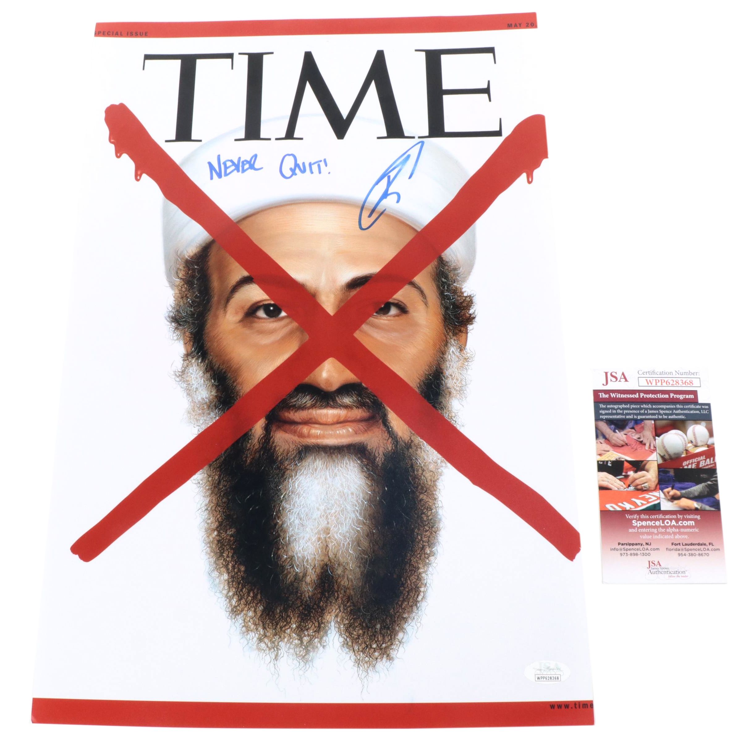 Robert O'Neill Signed "Never Quit" Osama Bin Laden "Time" Poster Print, JSA