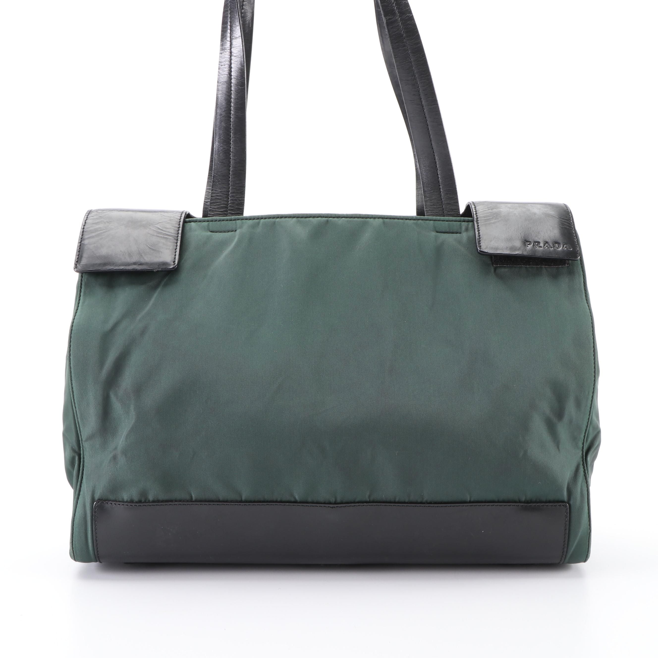 Prada Green Tessuto Nylon and Black Leather Tote