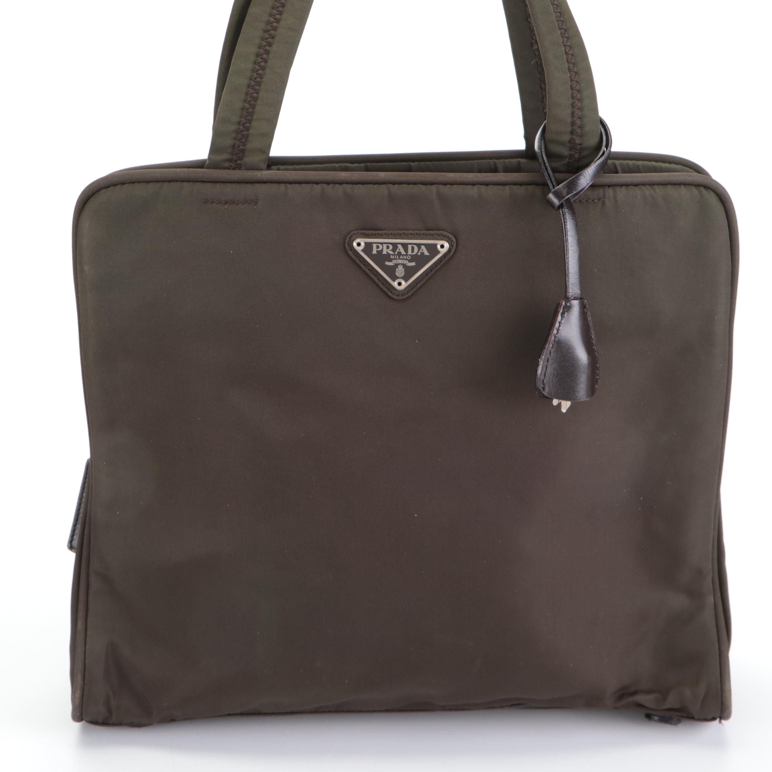 Prada Small Handbag in Olive Green Tessuto Nylon and Dark Brown Leather Trim