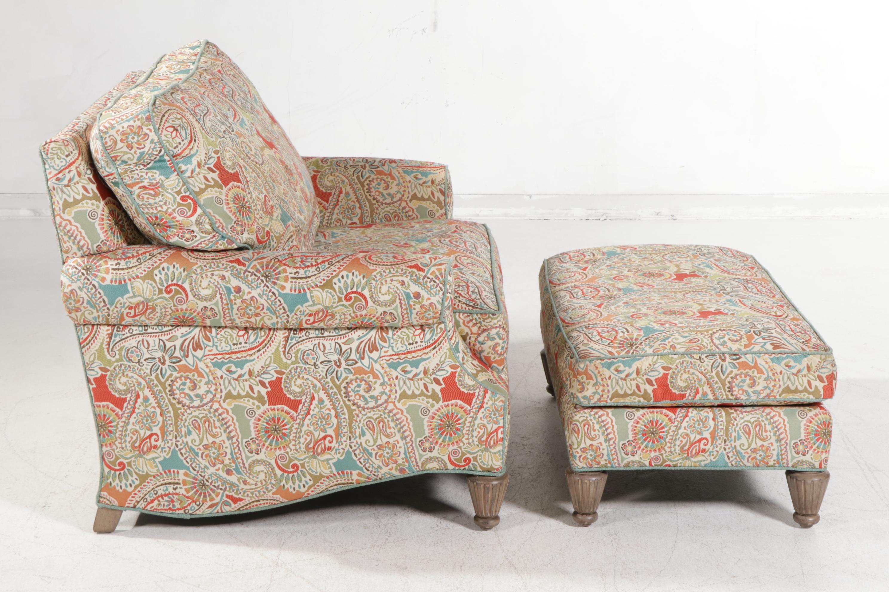 Wesley Hall Upholstered Oversize Armchair and Ottoman, 21st Century