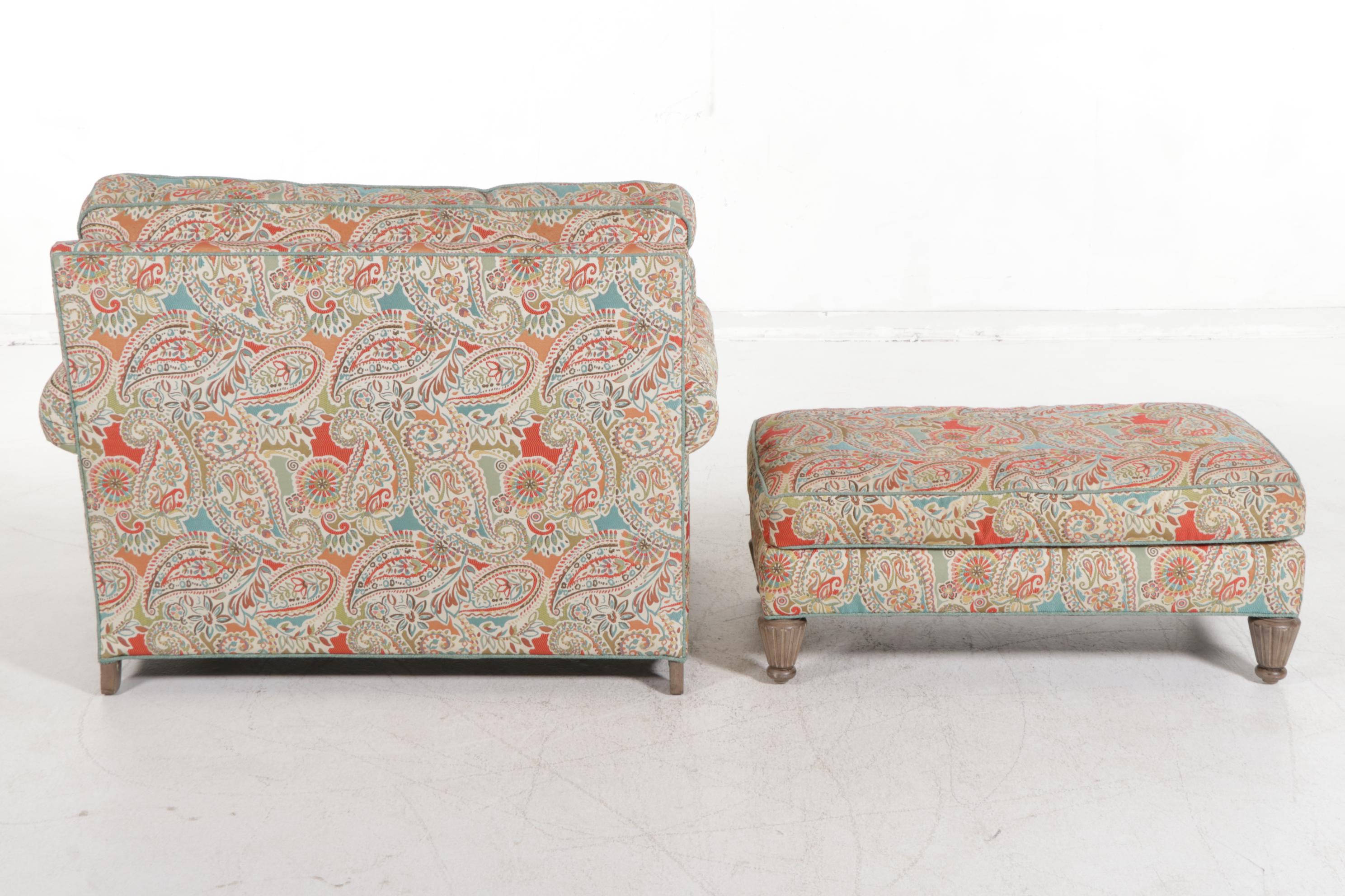 Wesley Hall Upholstered Oversize Armchair and Ottoman, 21st Century