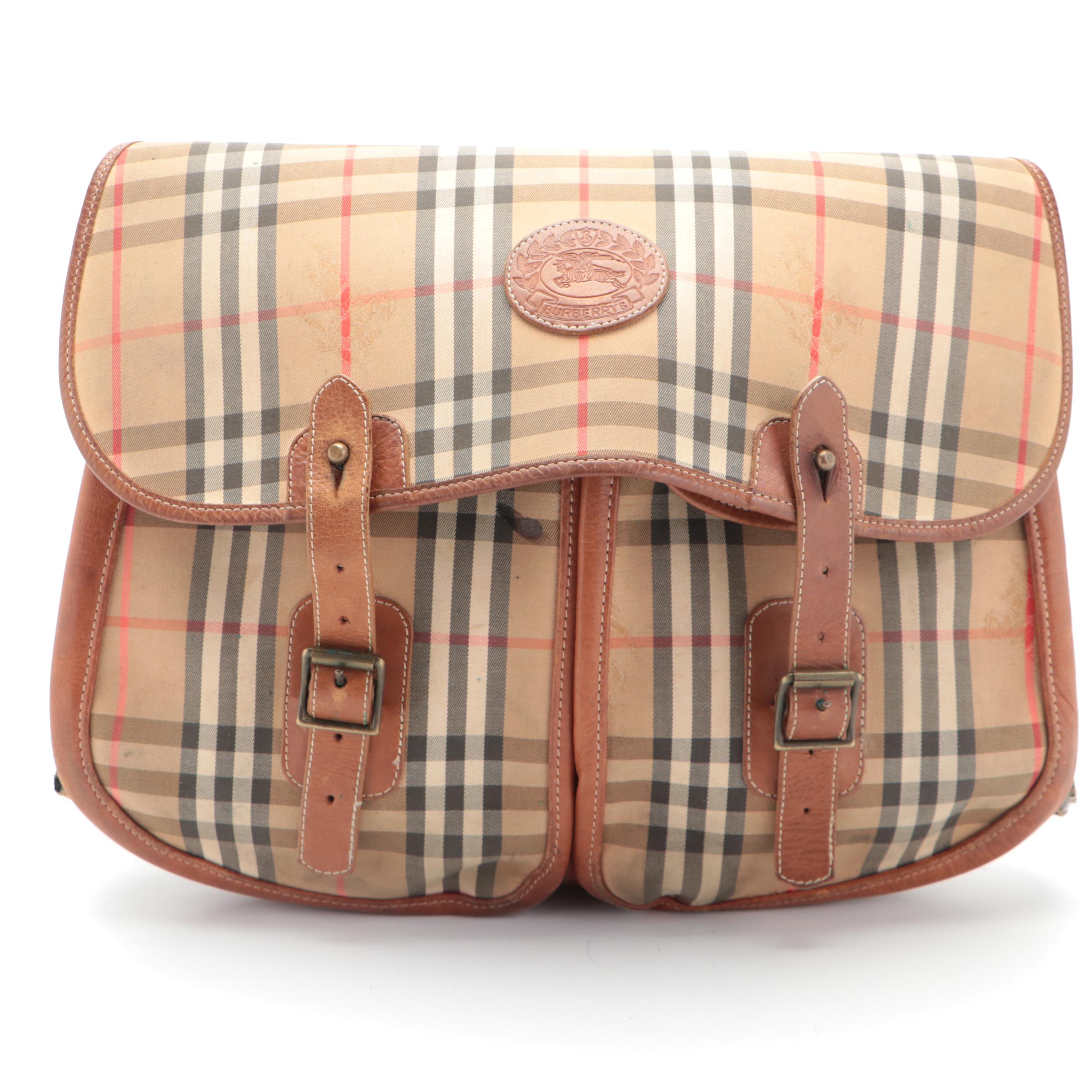 Burberrys Messenger Bag in "Haymarket Check" Fabric and Leather Trim