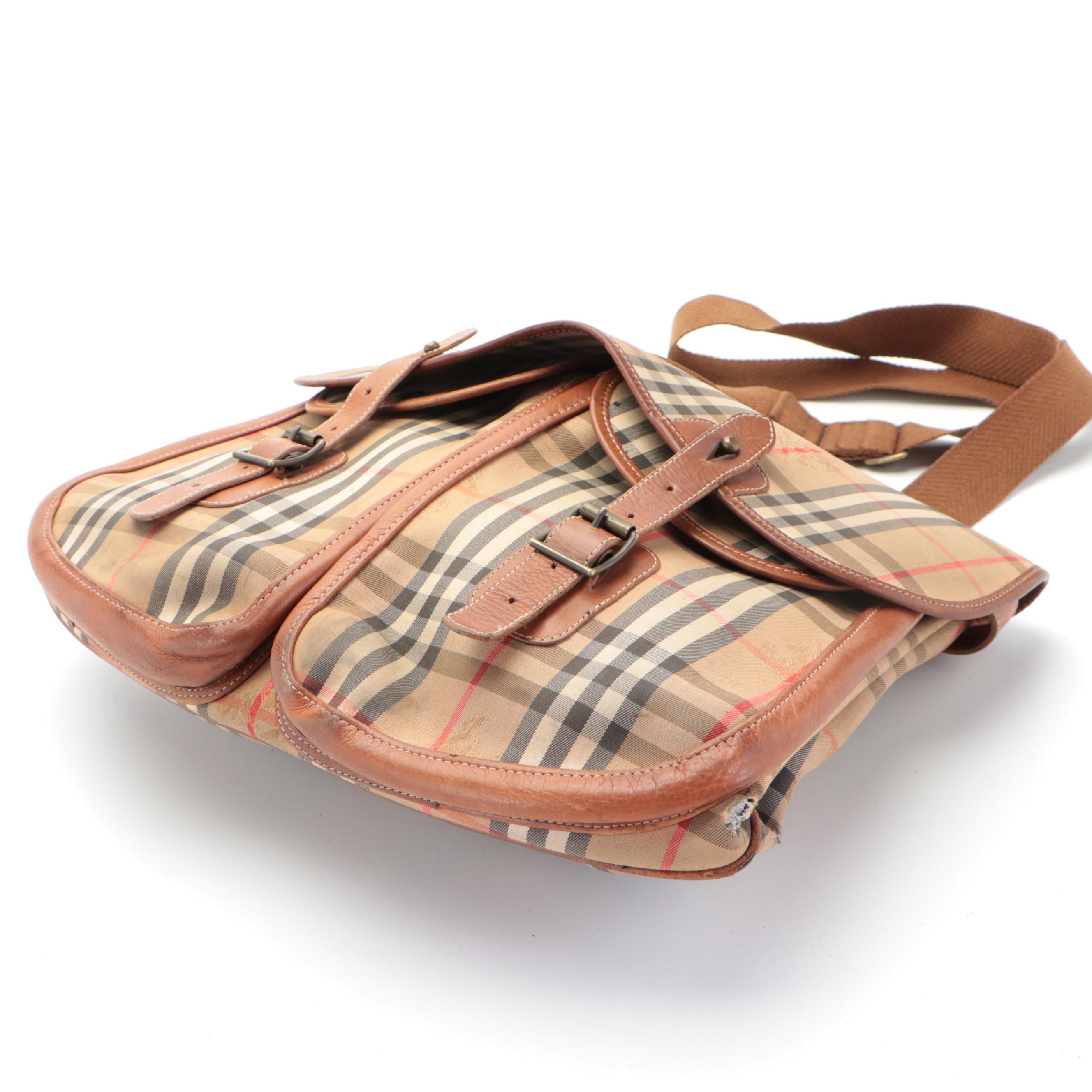 Burberrys Messenger Bag in "Haymarket Check" Fabric and Leather Trim