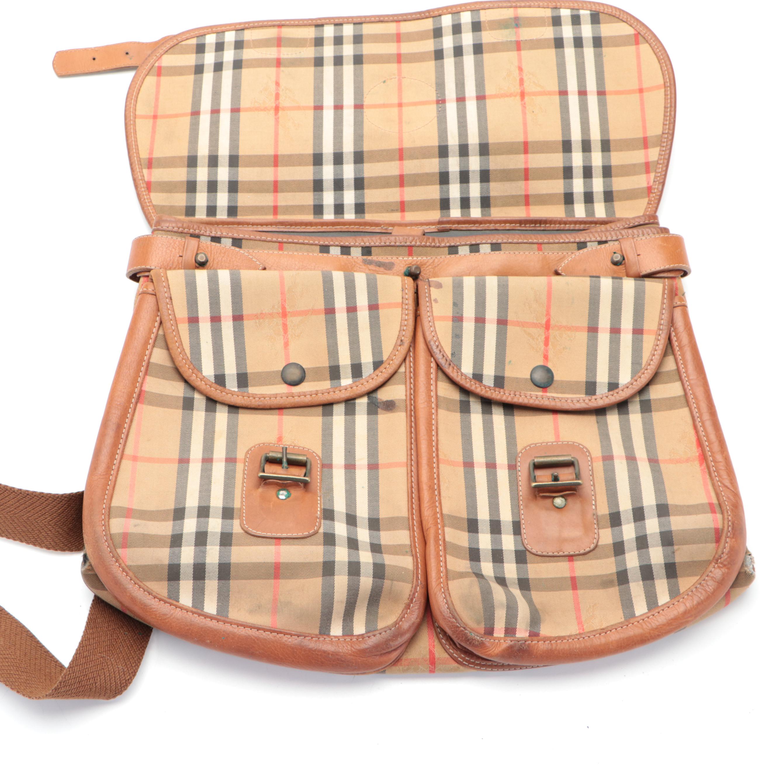 Burberrys Messenger Bag in "Haymarket Check" Fabric and Leather Trim