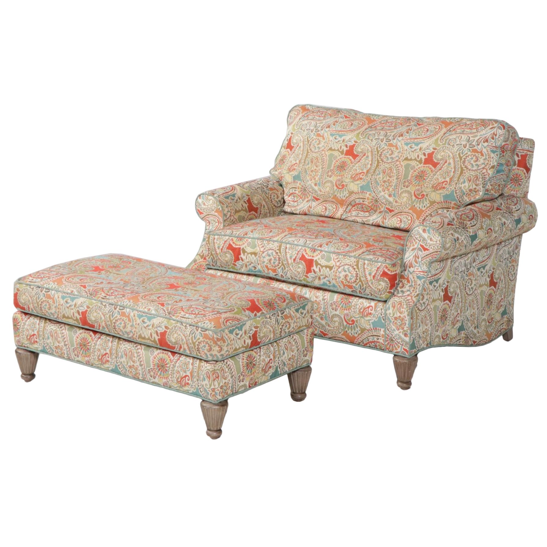 Wesley Hall Upholstered Oversize Armchair and Ottoman, 21st Century