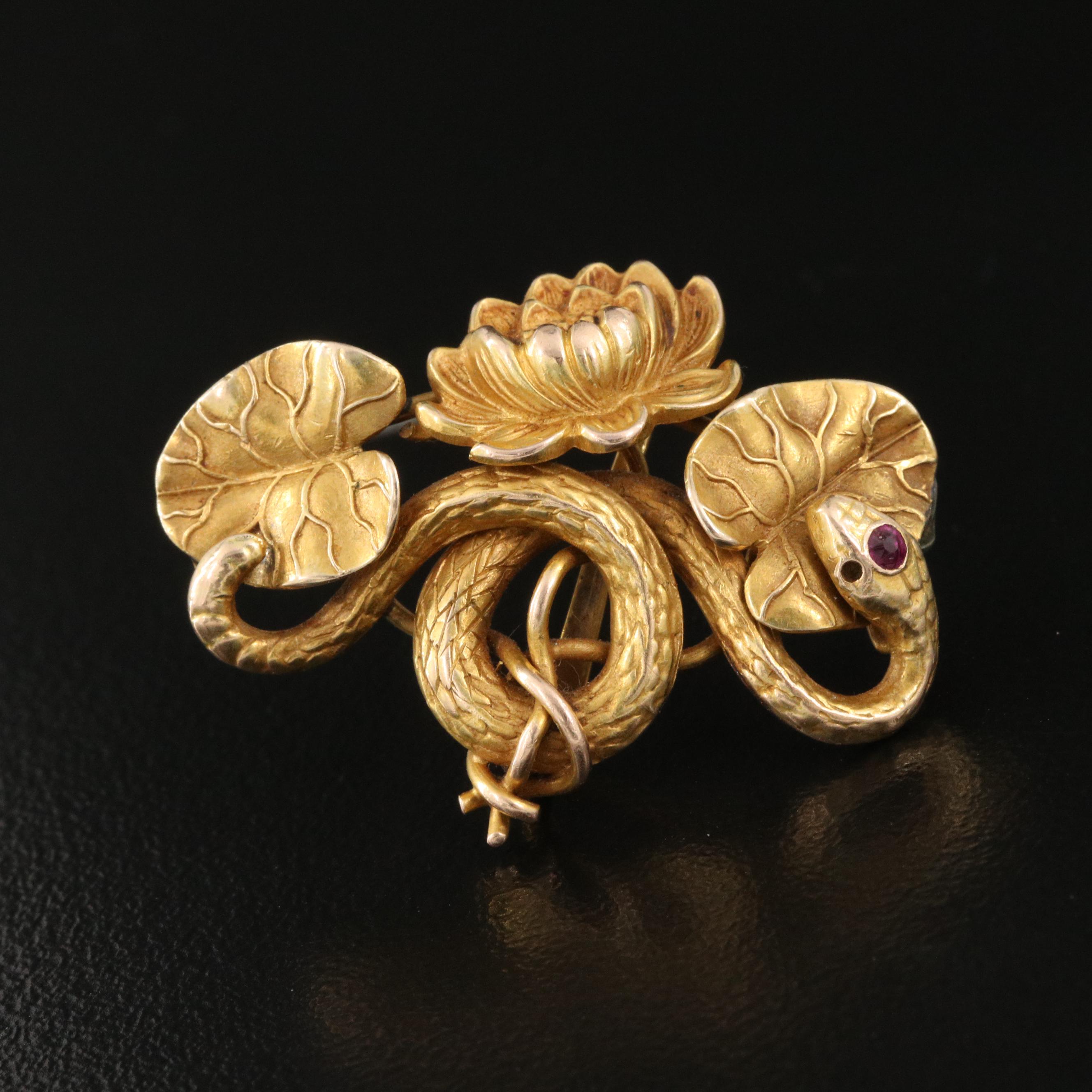Art Nouveau 14K Water Lily and Snake Watch Pin with Ruby and Emerald
