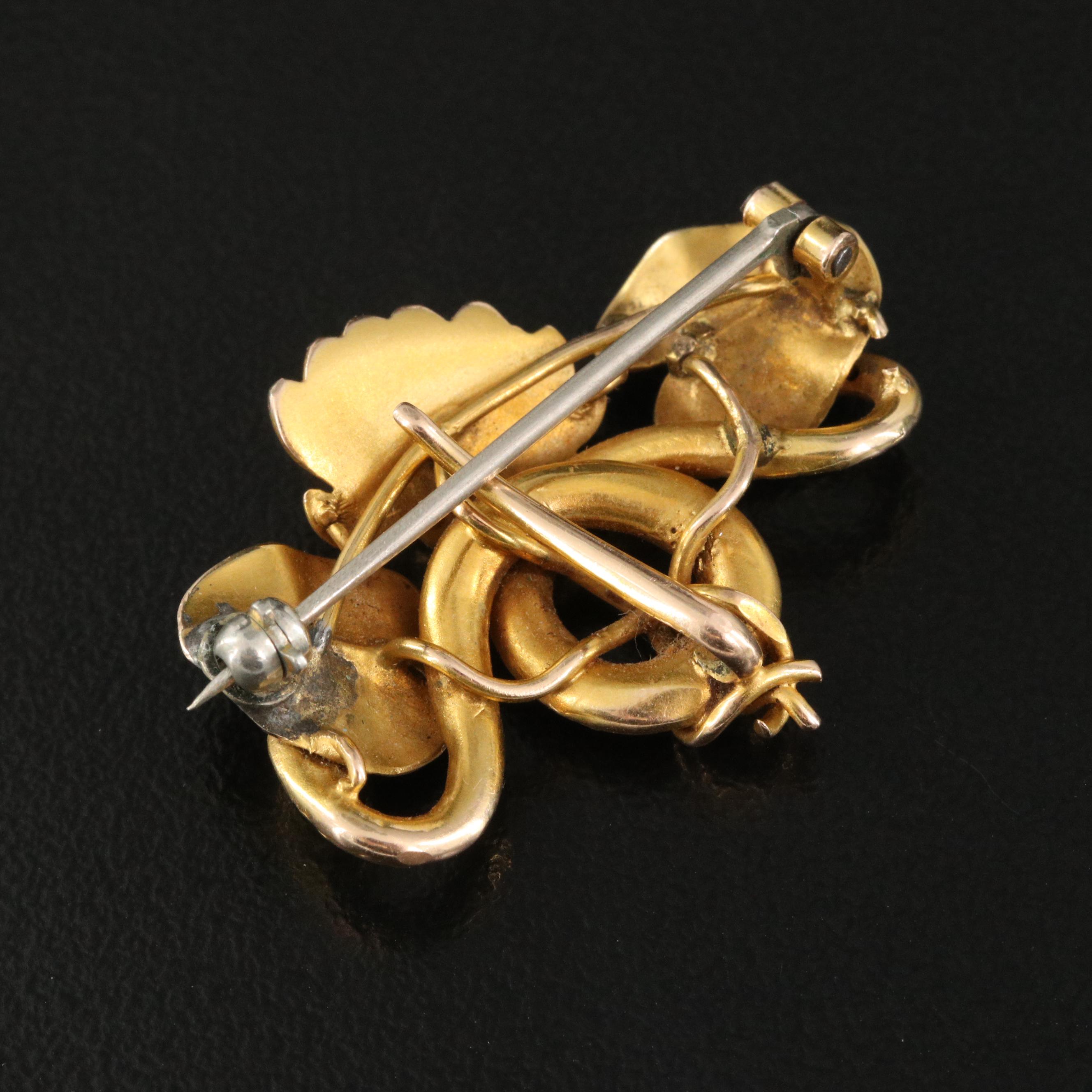 Art Nouveau 14K Water Lily and Snake Watch Pin with Ruby and Emerald