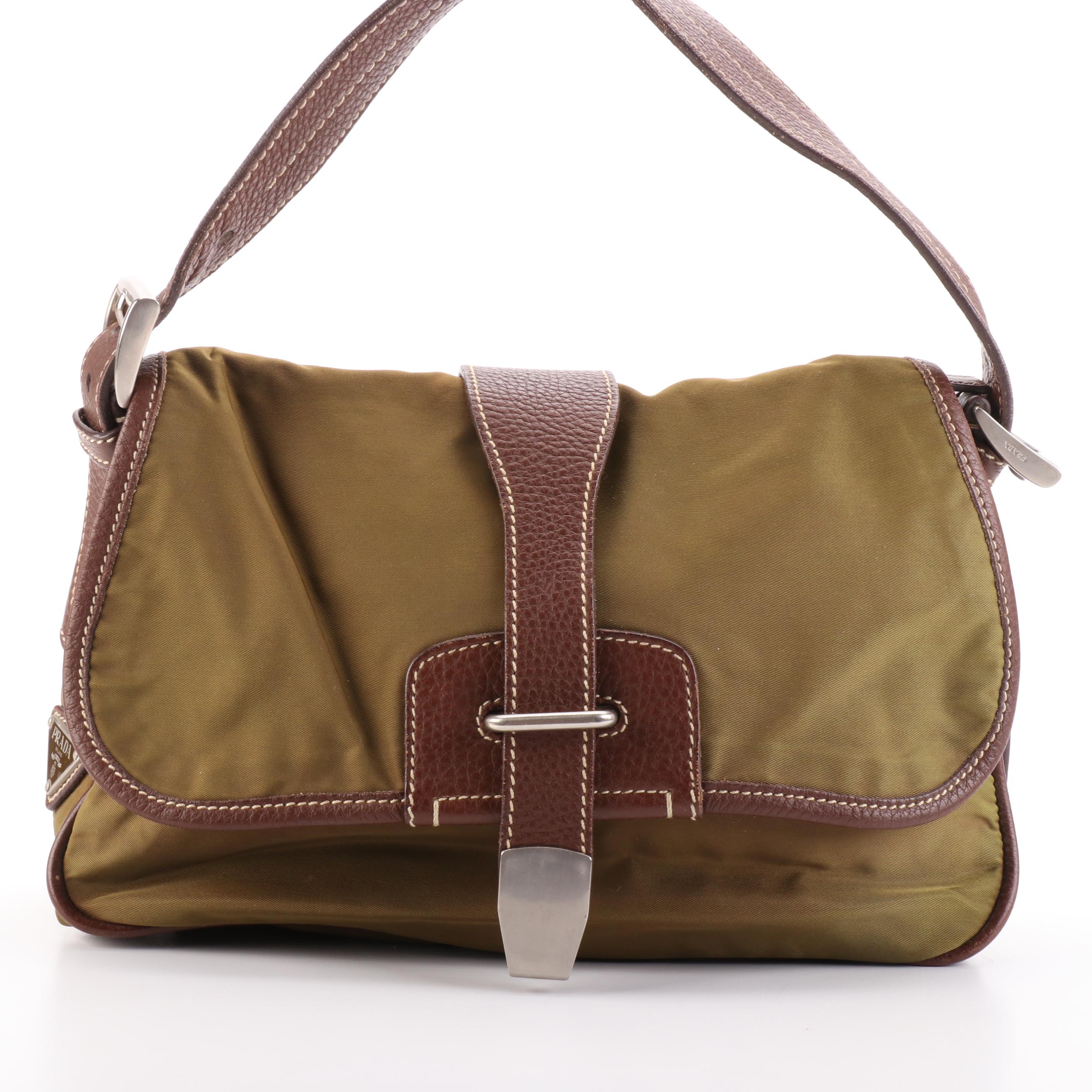 Prada Green Nylon Tessuto and Contrast Stitched Leather Shoulder Bag