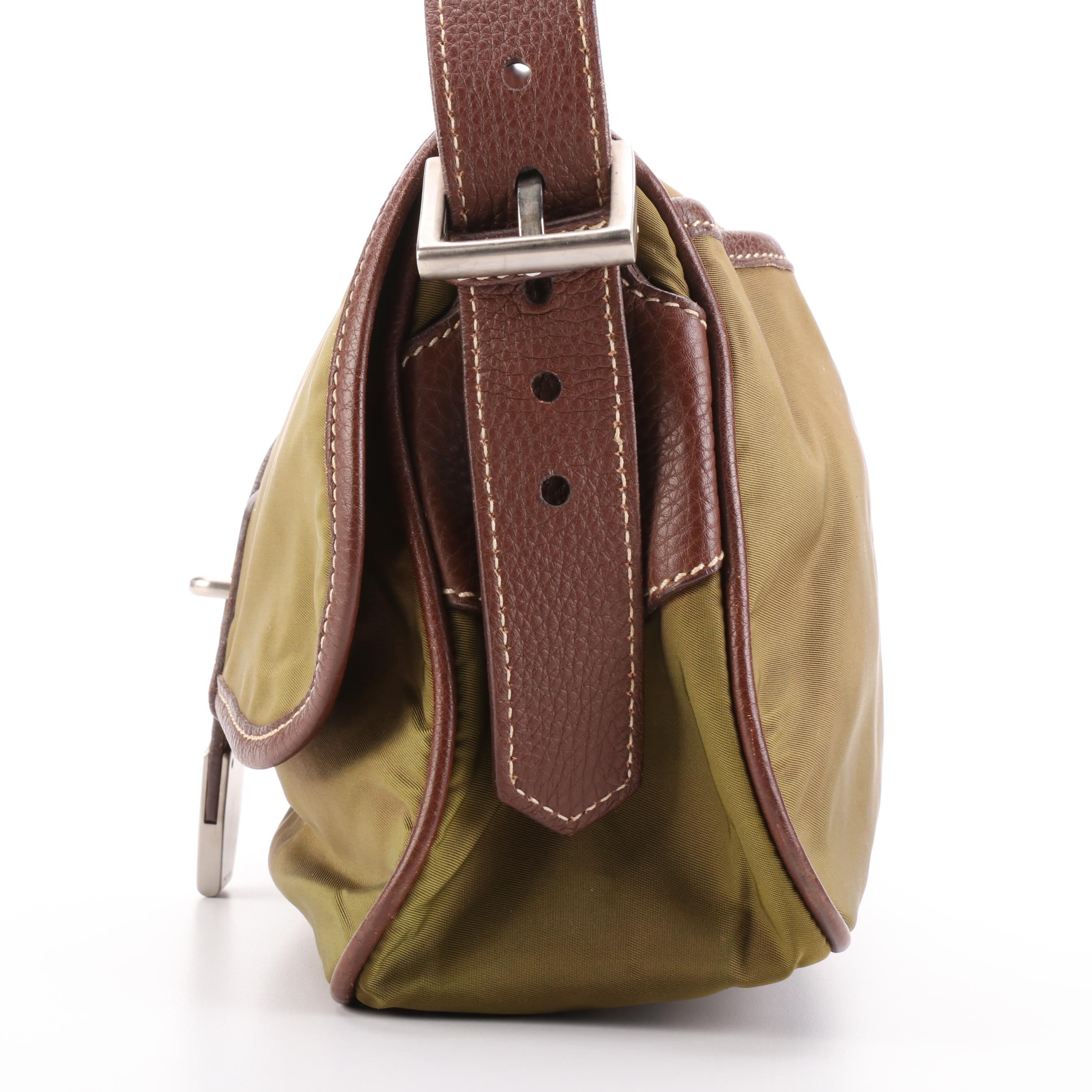 Prada Green Nylon Tessuto and Contrast Stitched Leather Shoulder Bag