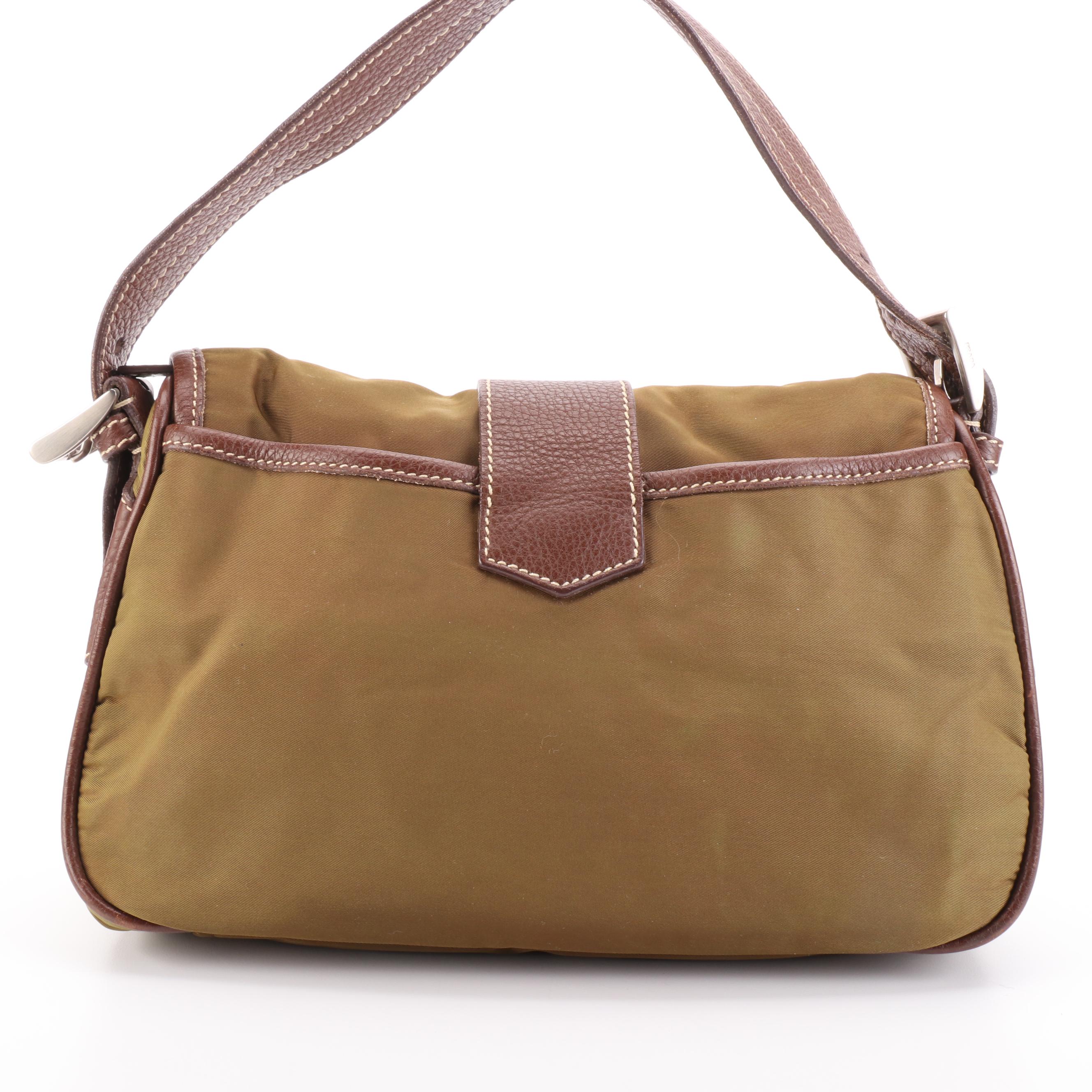 Prada Green Nylon Tessuto and Contrast Stitched Leather Shoulder Bag