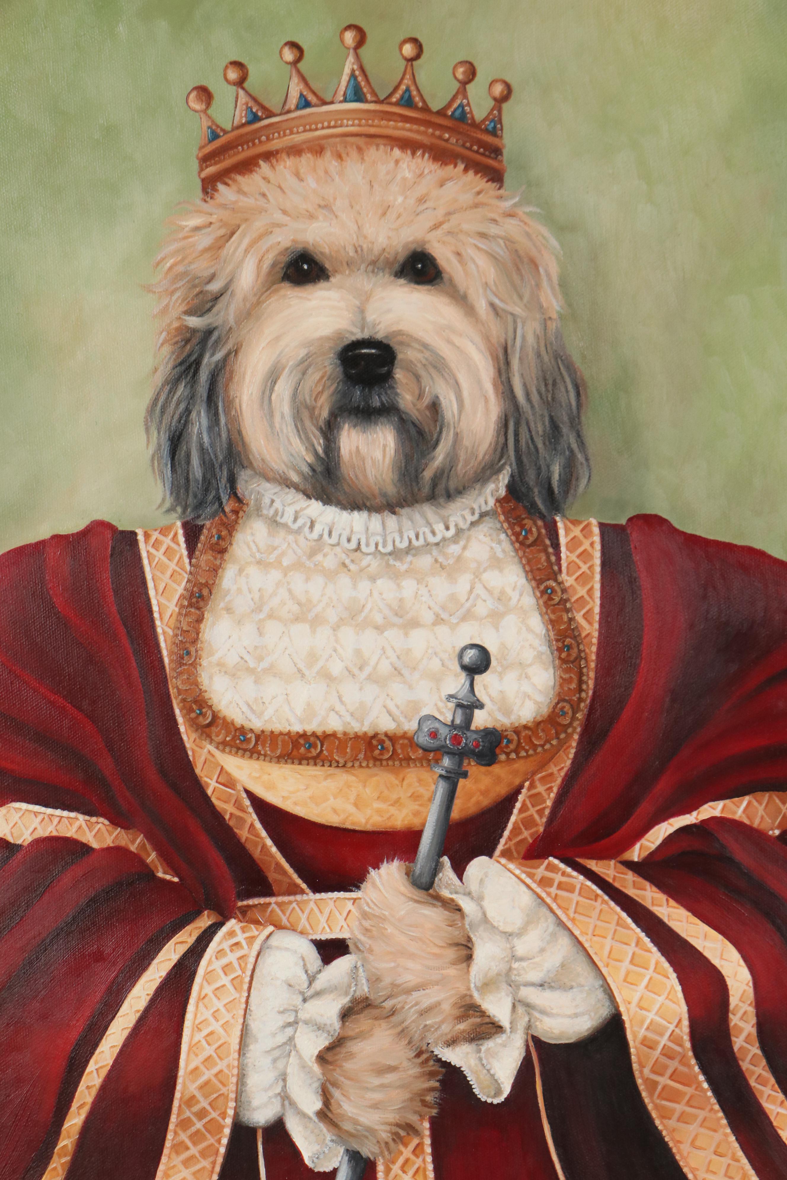 Carol Lew Oil Painting of Anthropomorphic Dog Portrait, Late 20th Century