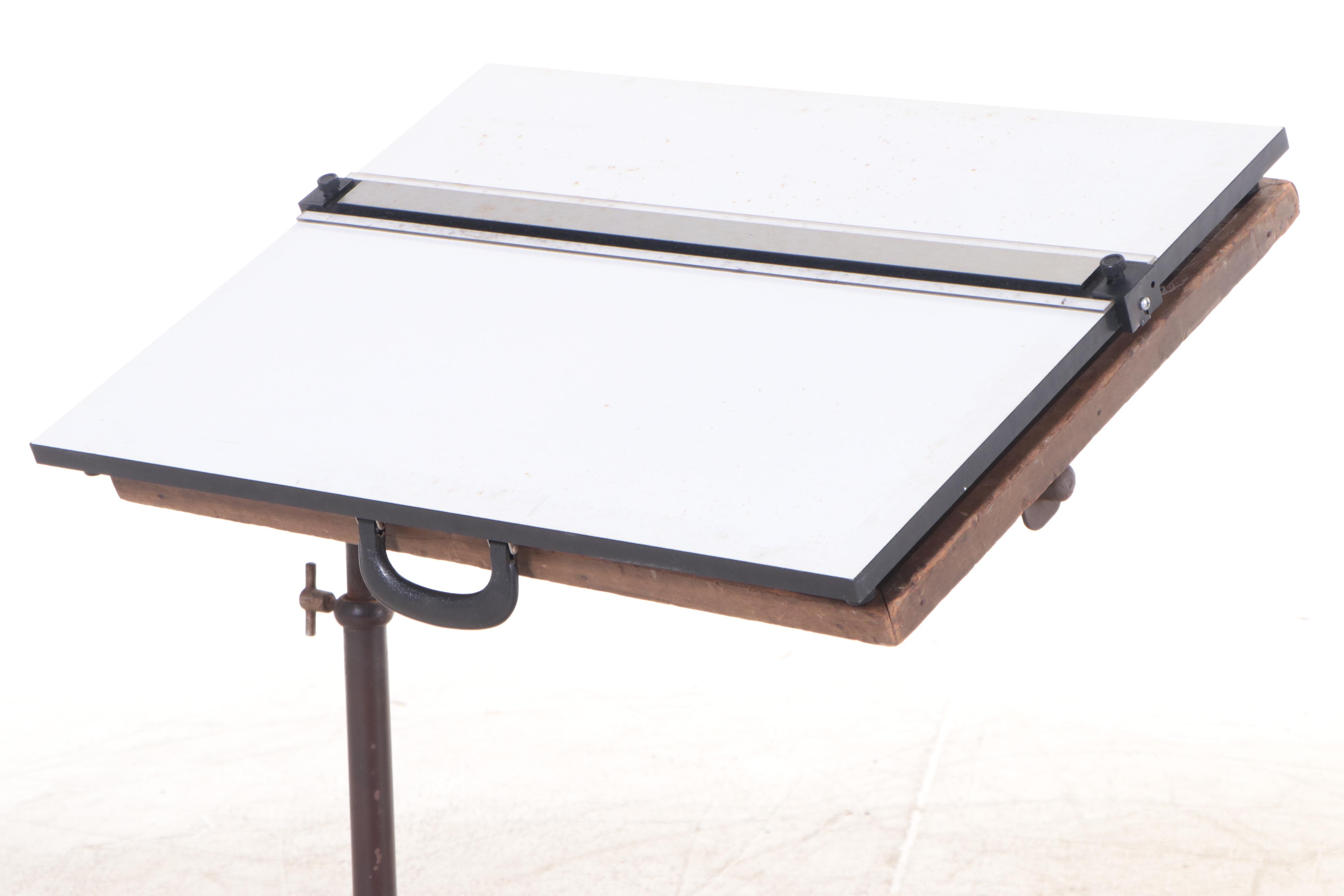 Industrial Iron and Oak Tilt-Table with Laminate Drafting Board