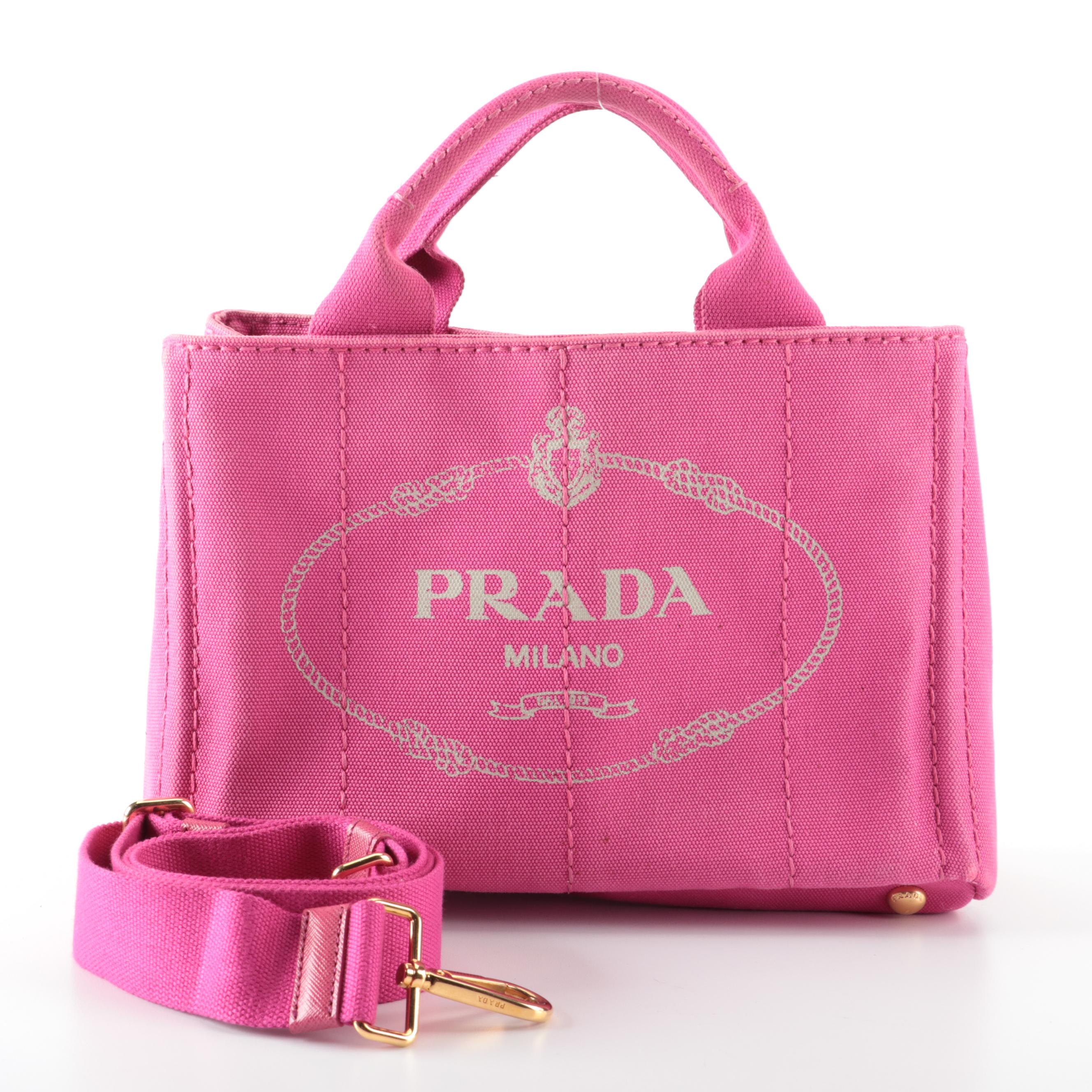 Prada Pink Canapa Logo Canvas Tote Bag