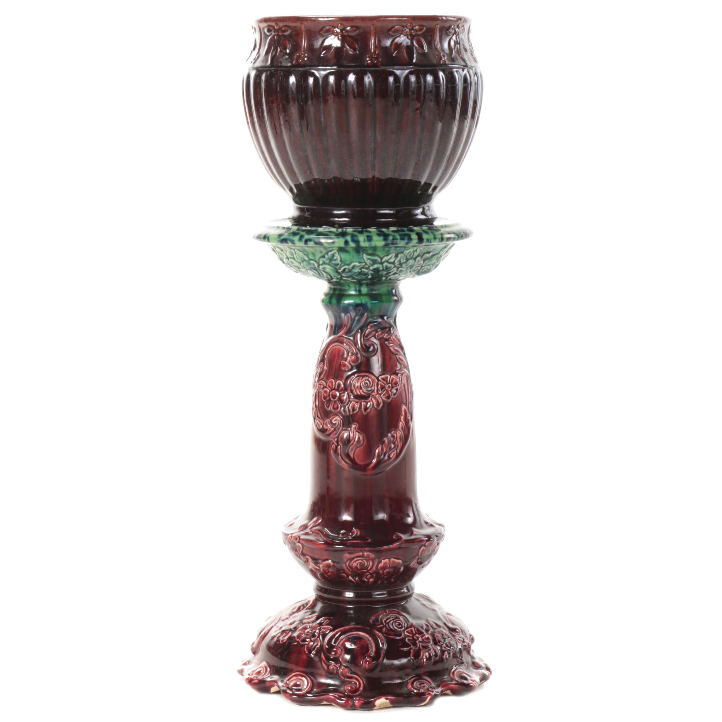 American Art Pottery Majolica Jardiniere with Pedestal, Early 20th Century
