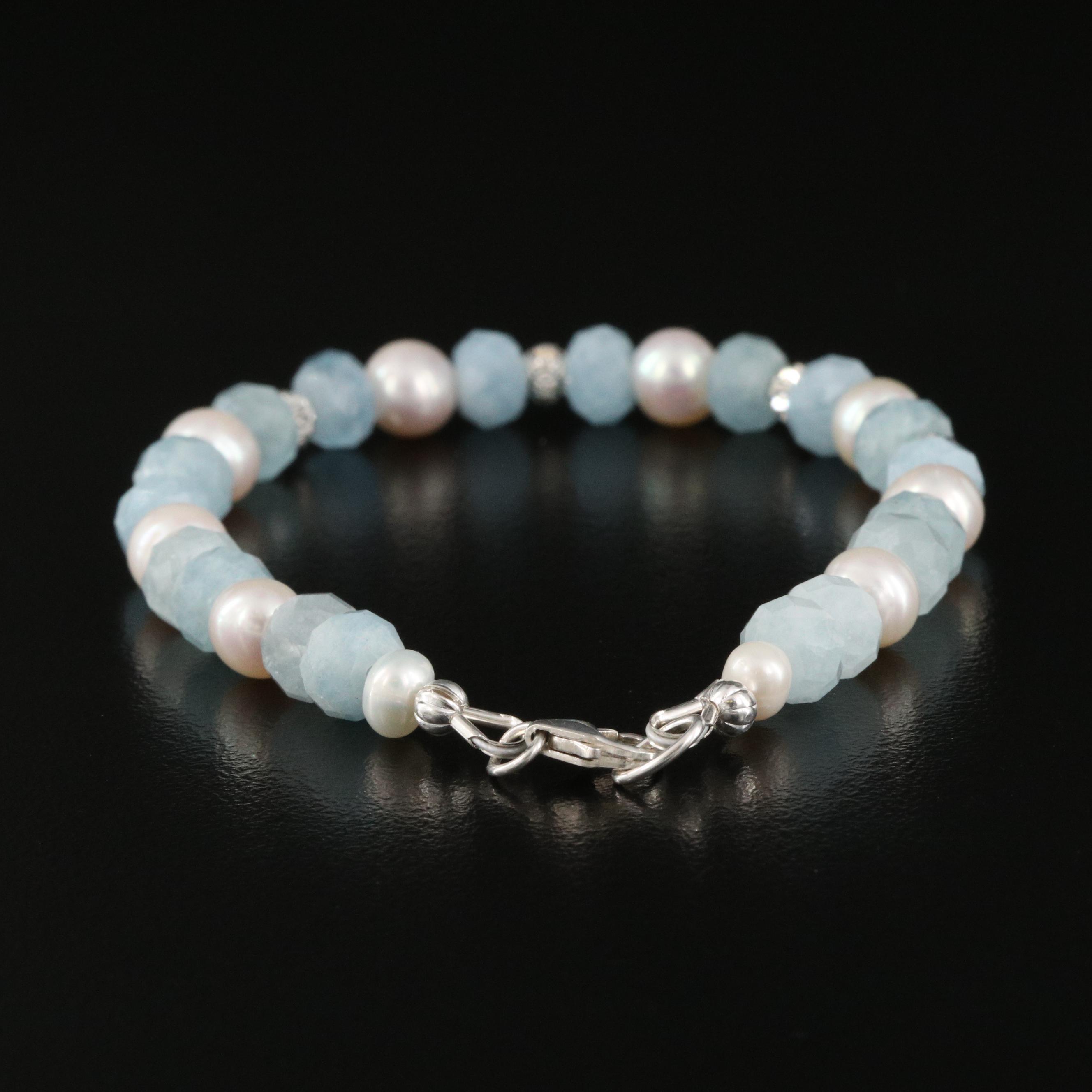 Sterling Aquamarine and Pearl Bracelet