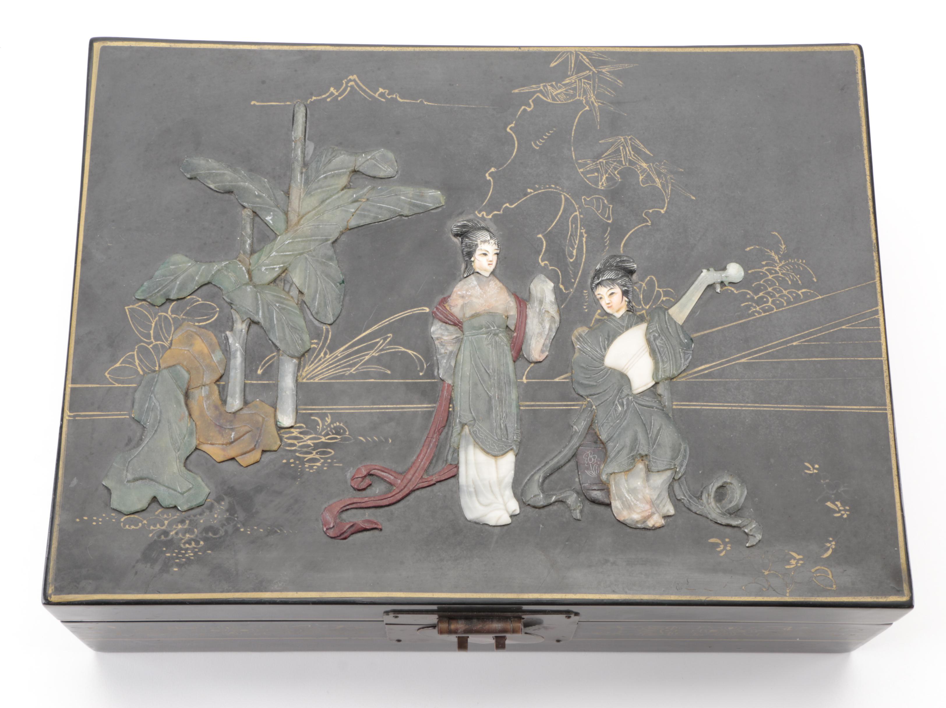 Chinese Lacquerware Jewelry Box with Multicolor Shoushan Stone Decoration