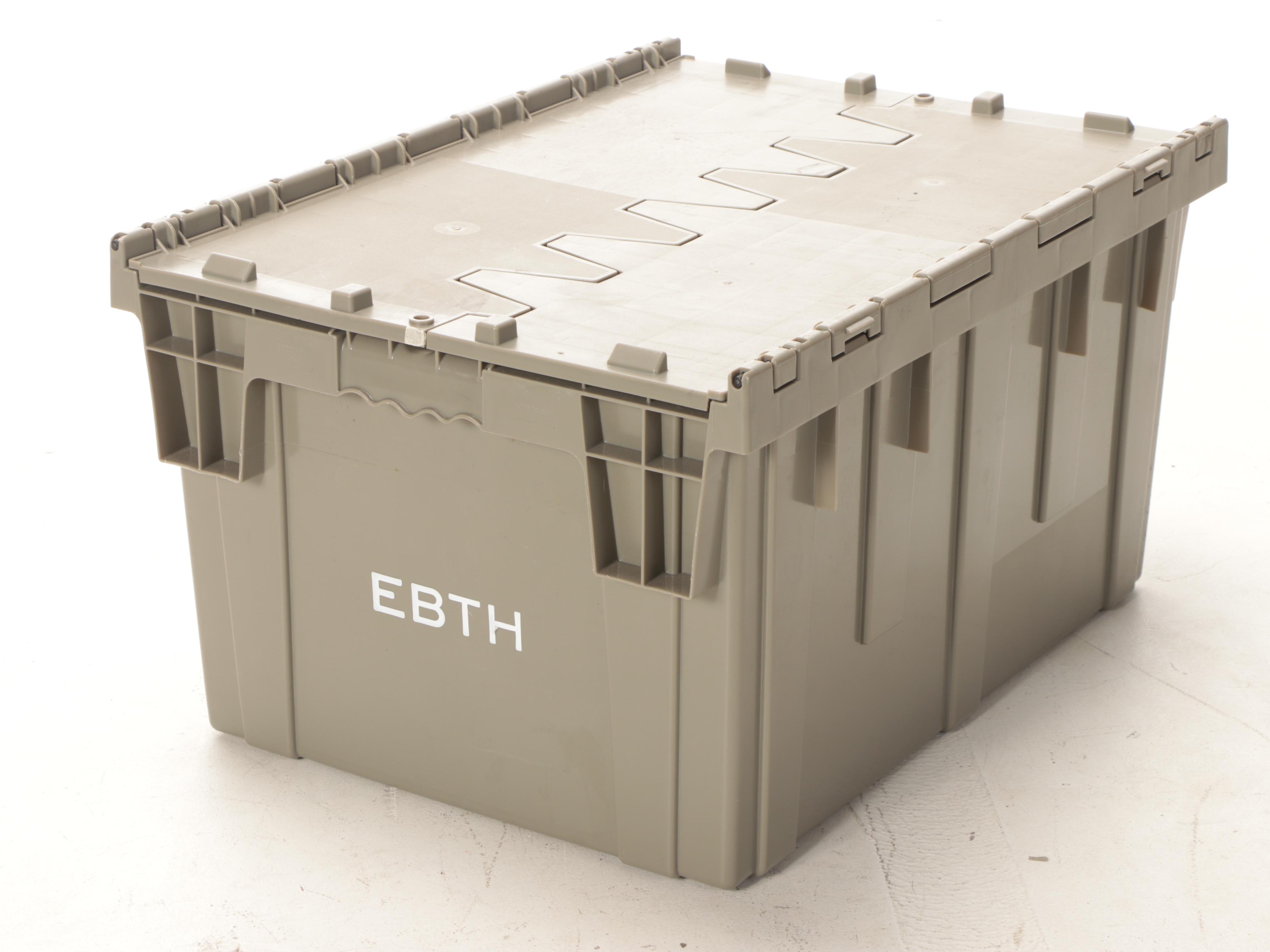 Five Grey Plastic Storage Totes