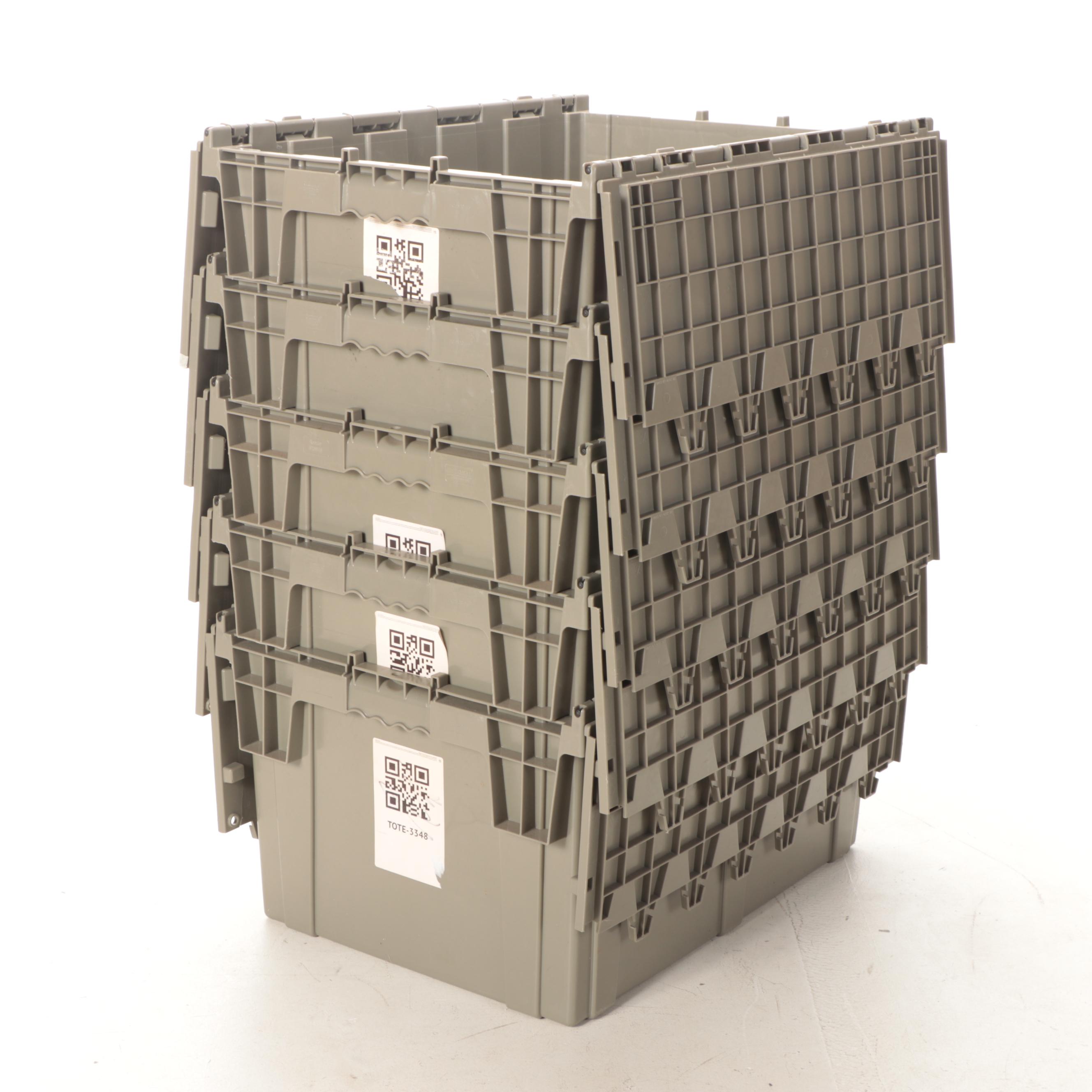 Five Grey Plastic Storage Totes