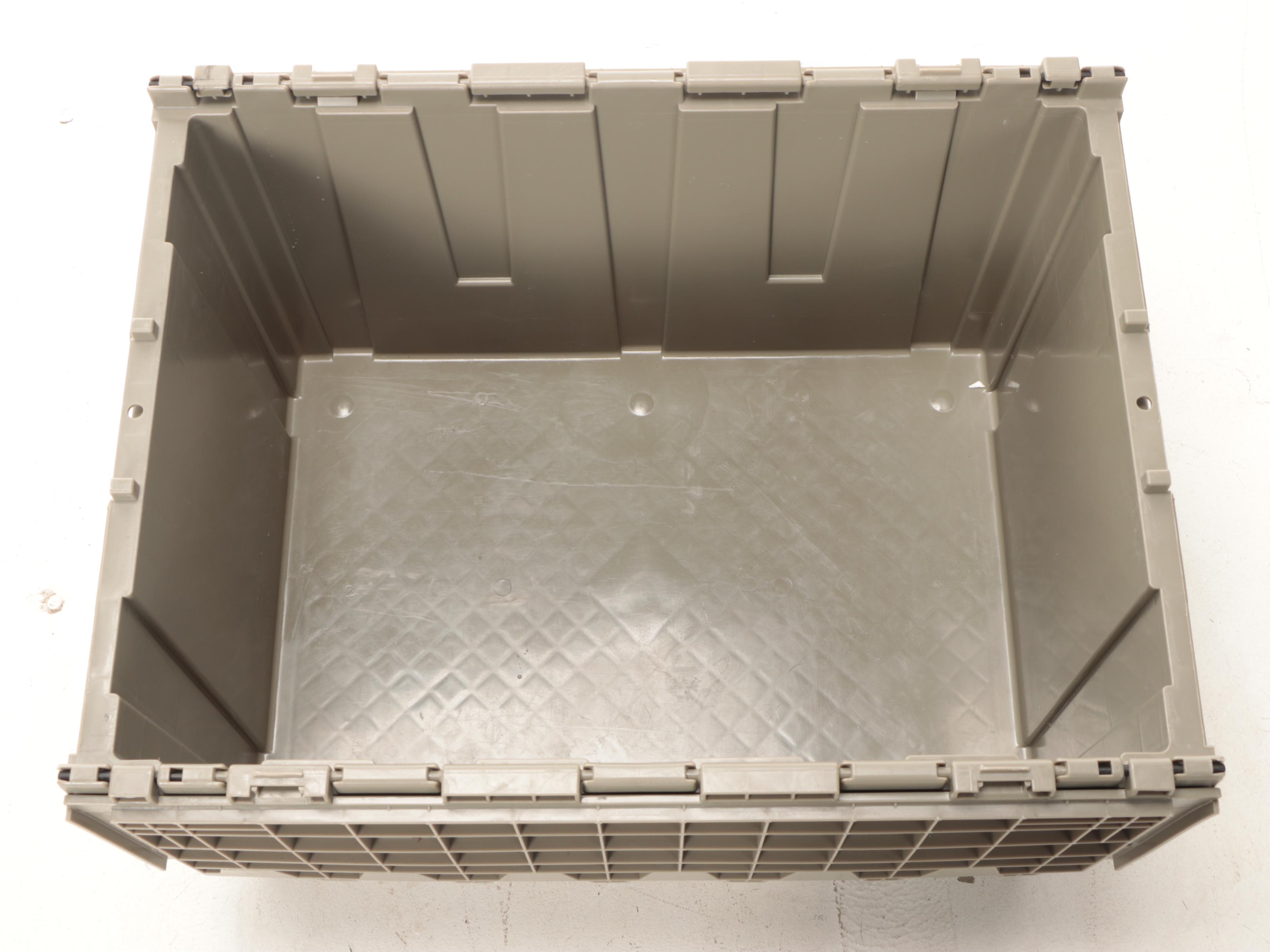 Five Grey Plastic Storage Totes