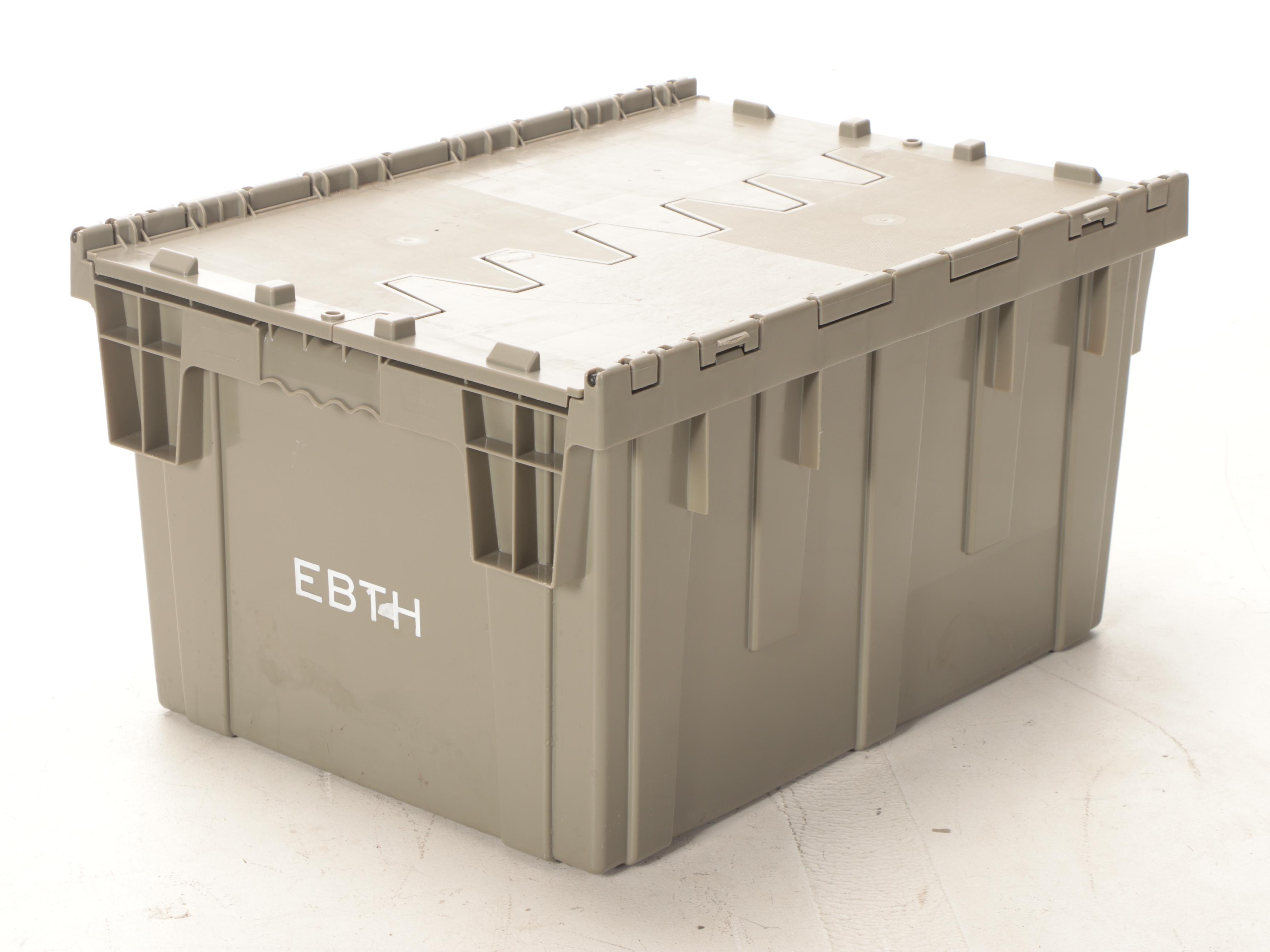 Five Grey Plastic Storage Totes