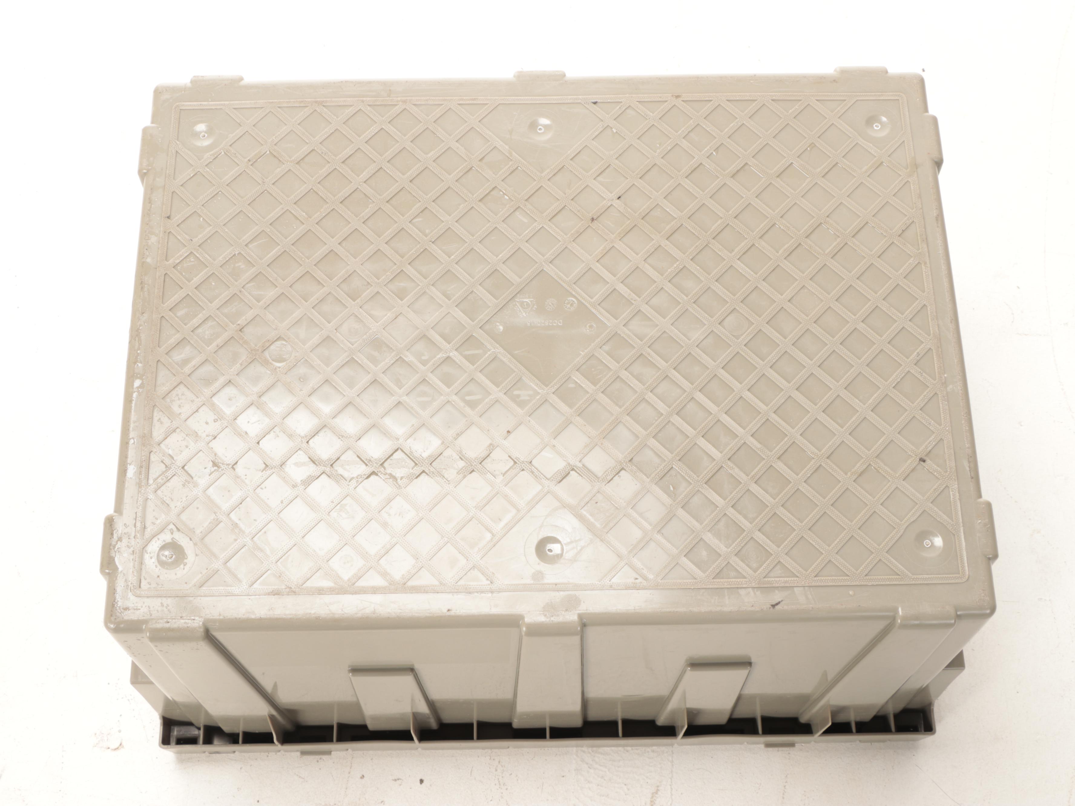 Five Grey Plastic Storage Totes