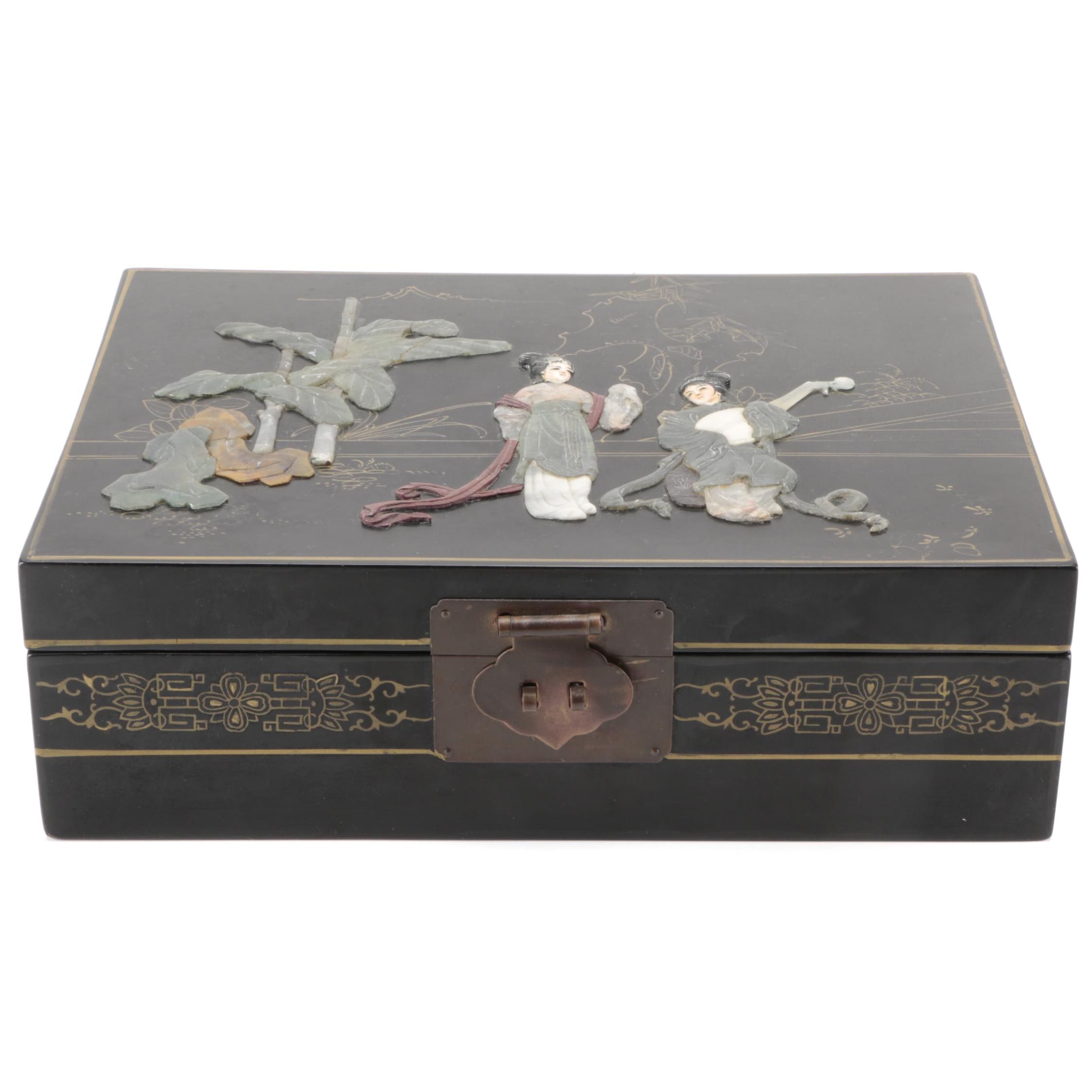 Chinese Lacquerware Jewelry Box with Multicolor Shoushan Stone Decoration