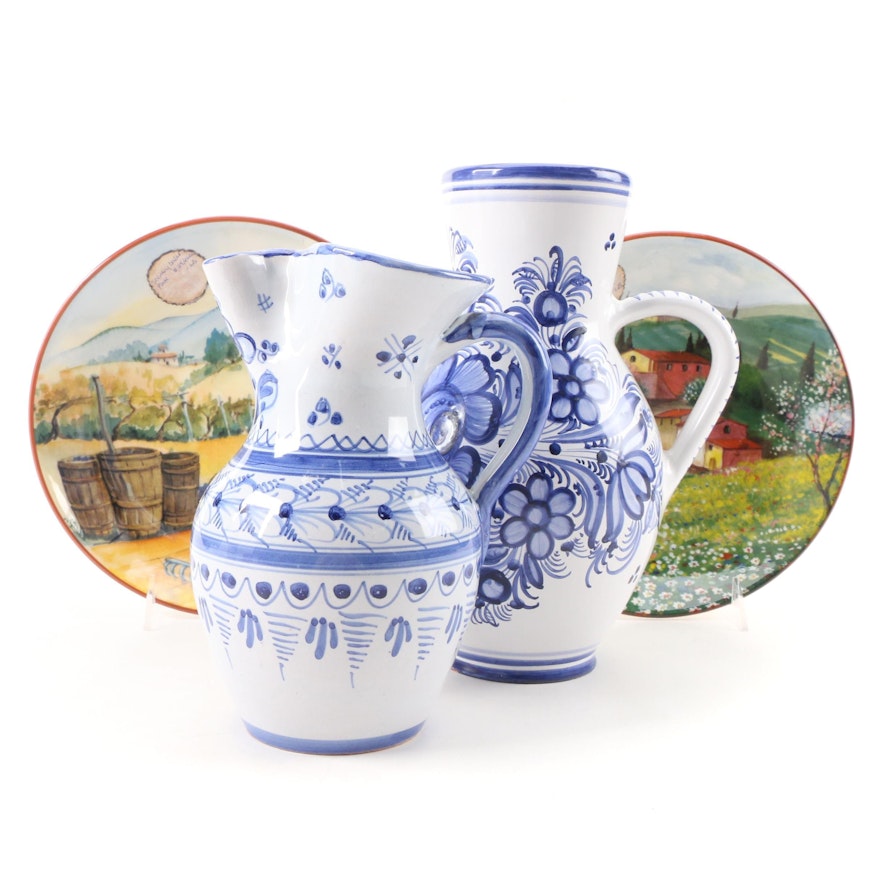 Modra Bratislava Slovakia Majolica Pitcher, Spanish Pitcher and Ceramic Plates