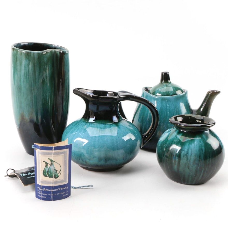 Blue Mountain Pottery Green to Black Glazed Teapot, Creamer, Sugar and Vase