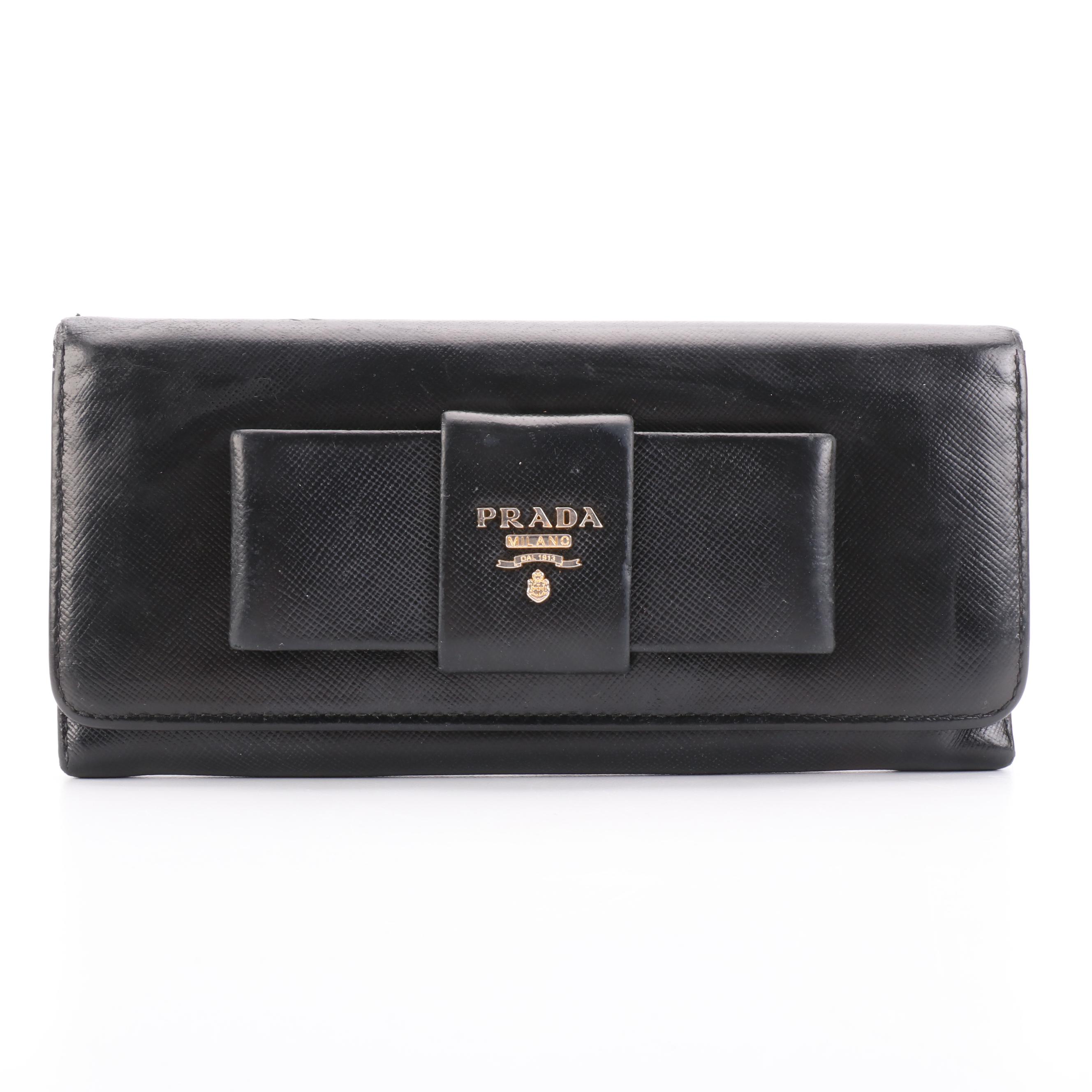 Prada Long Wallet with Bow in Black Saffiano Leather