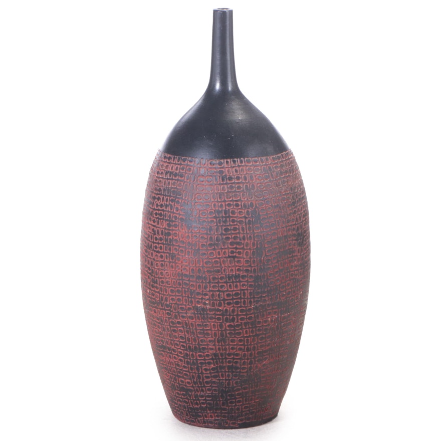 Red and Black Painted Embossed Ceramic Floor Vase