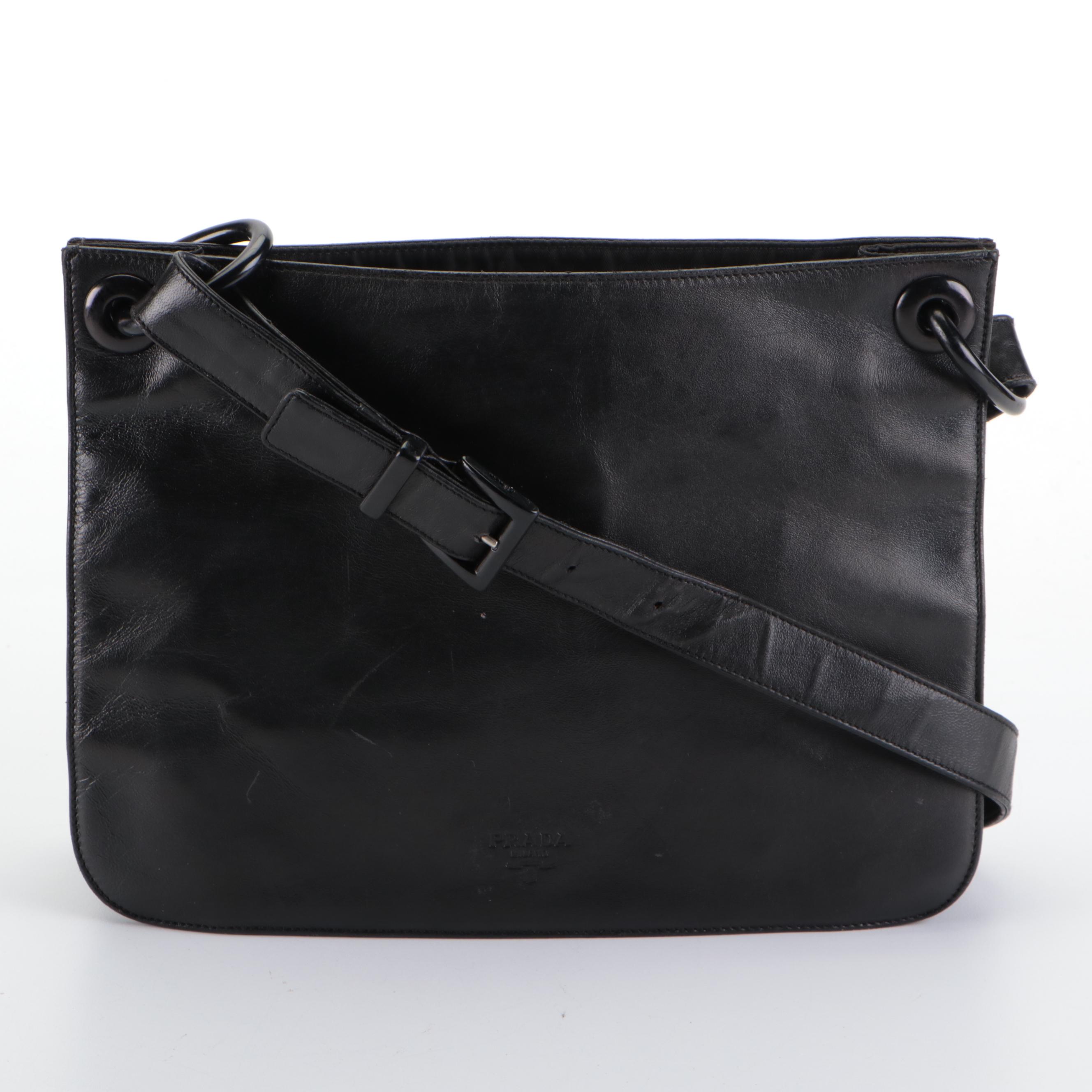 Prada Shoulder Bag in Black Lambskin Leather and Tessuto Nylon