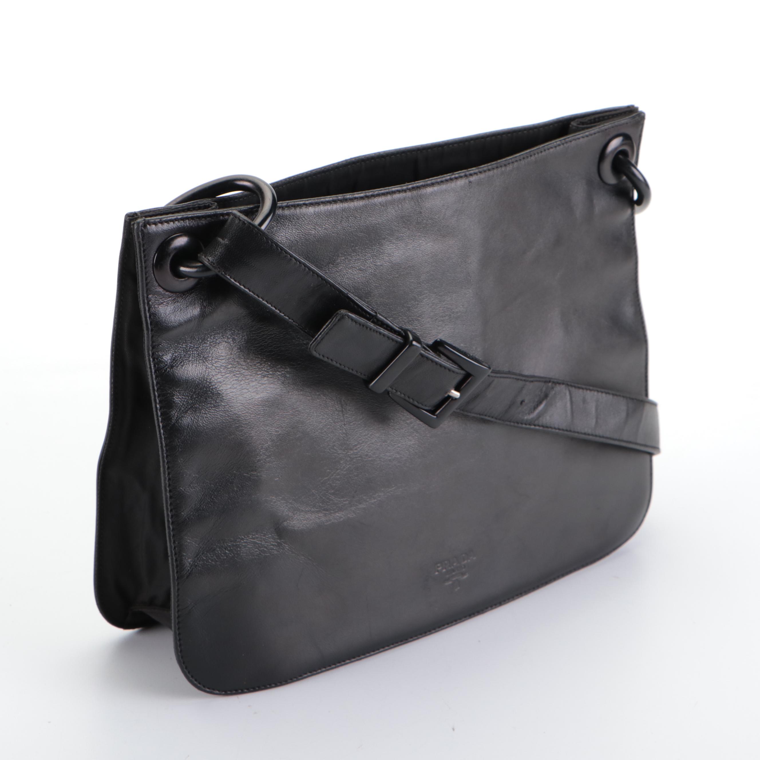 Prada Shoulder Bag in Black Lambskin Leather and Tessuto Nylon