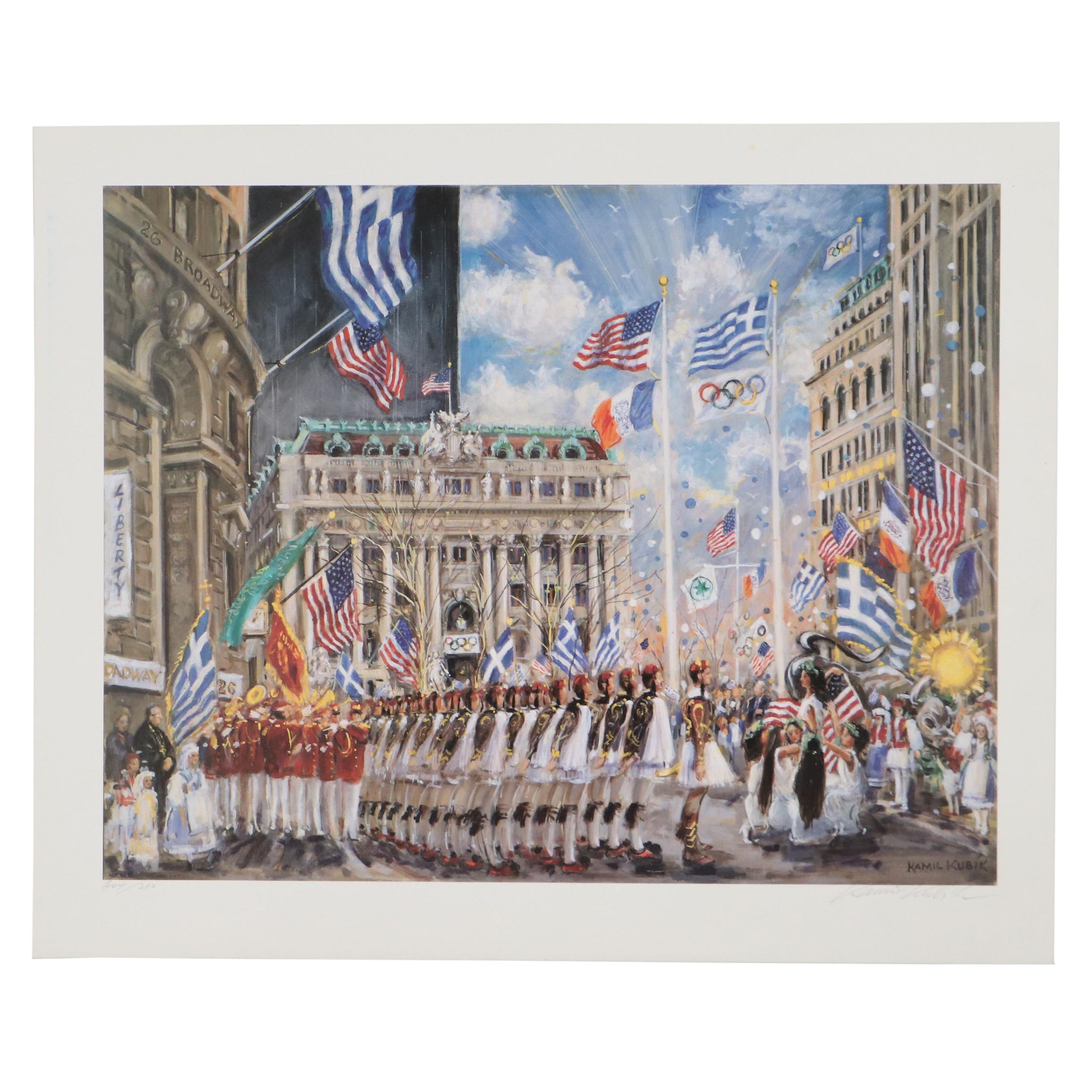 Kamil Kubik Offset Lithograph "Greek Parade on Broadway"