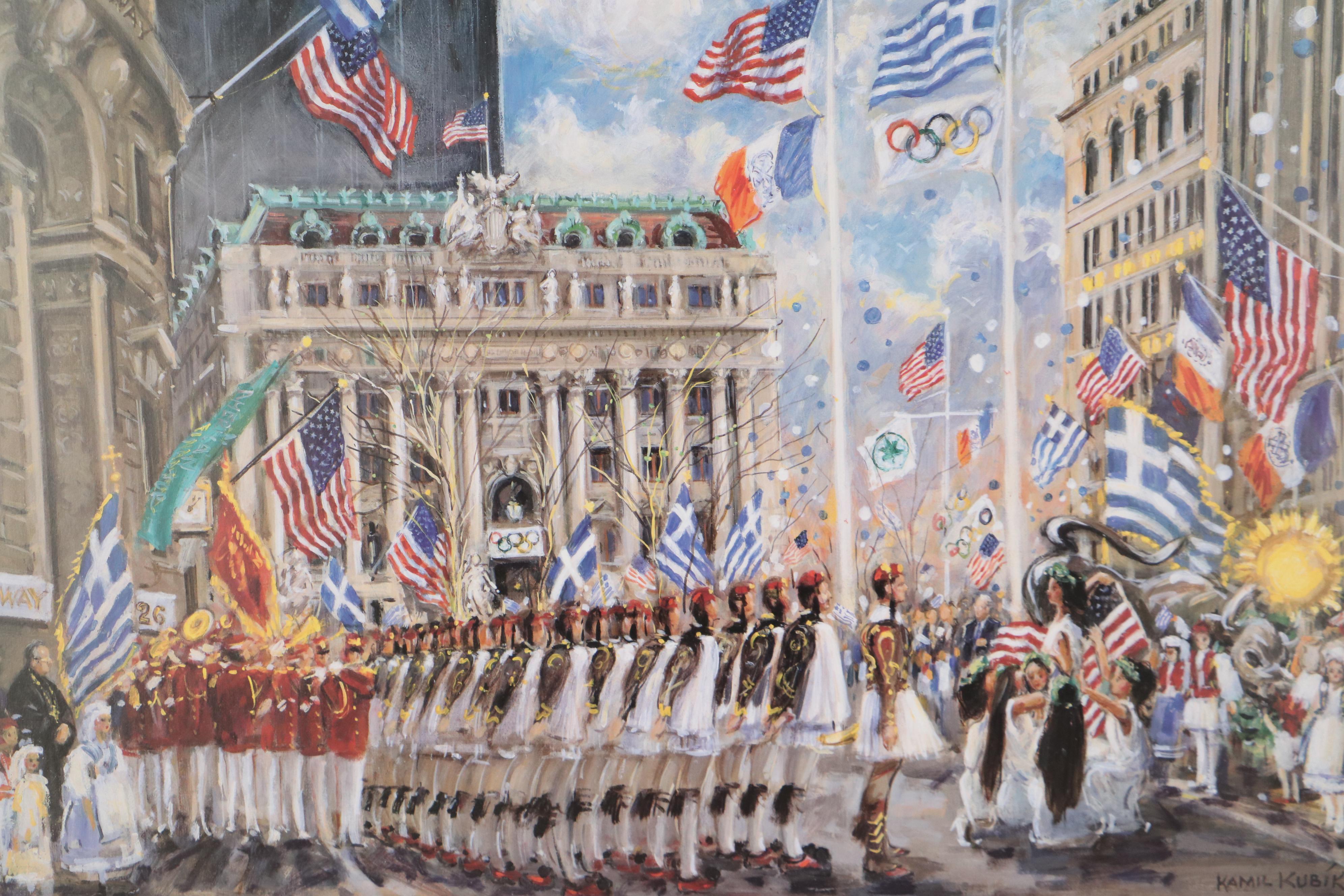 Kamil Kubik Offset Lithograph "Greek Parade on Broadway"