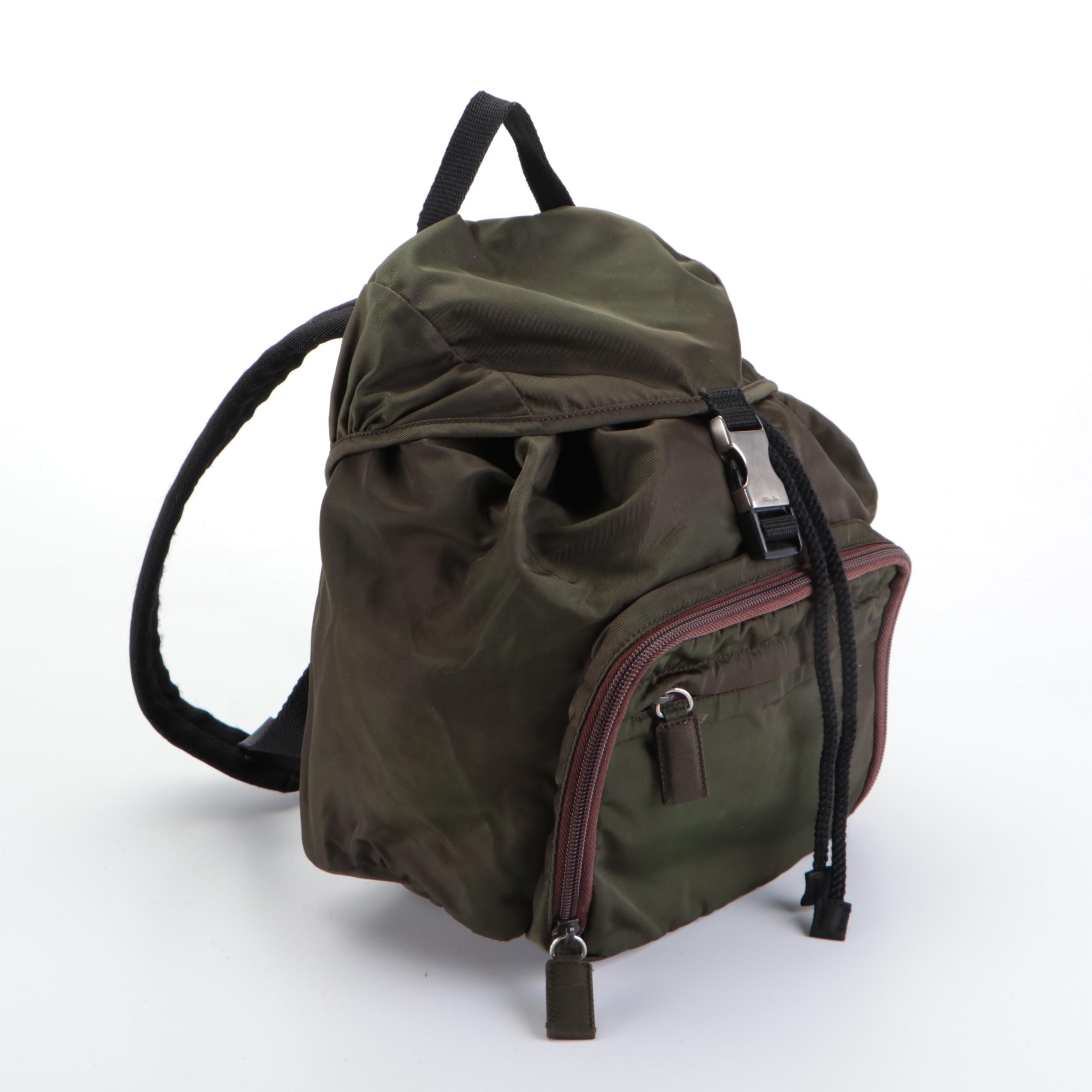 Prada Front-Pocket Small Rucksack Backpack in Dark Green Nylon Tessuto