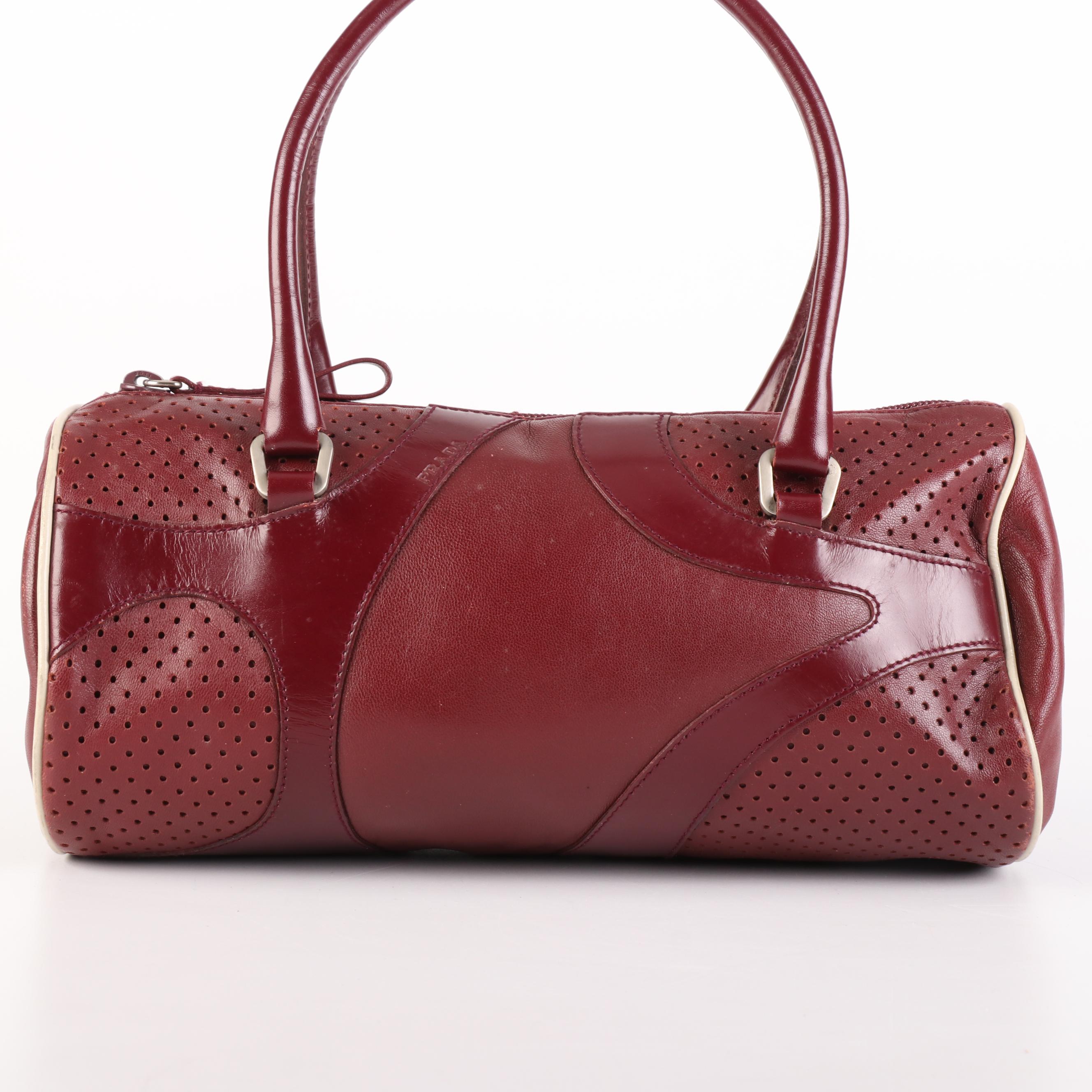 Prada Bauletto Bag in Amaranth Perforated and Smooth Leather