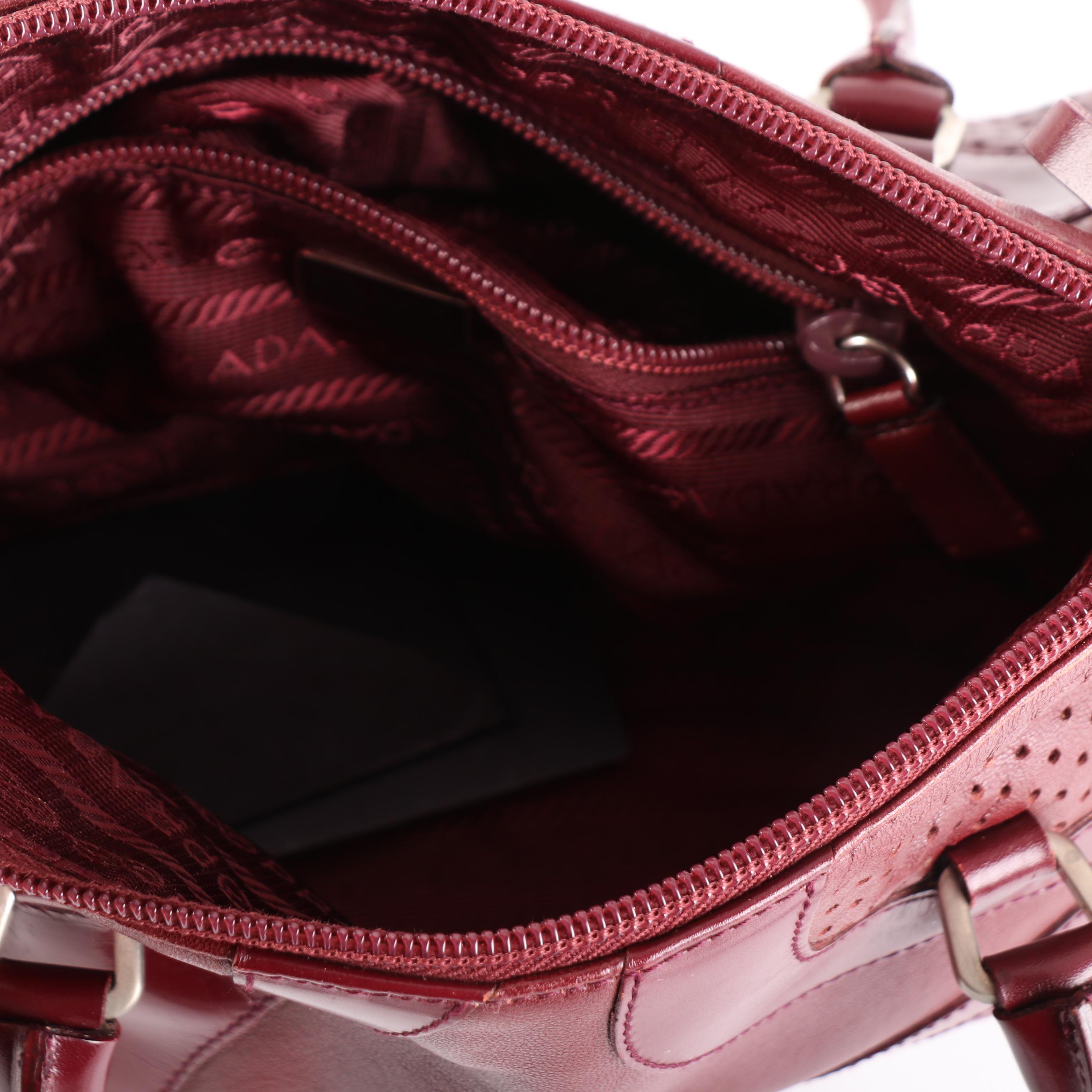 Prada Bauletto Bag in Amaranth Perforated and Smooth Leather