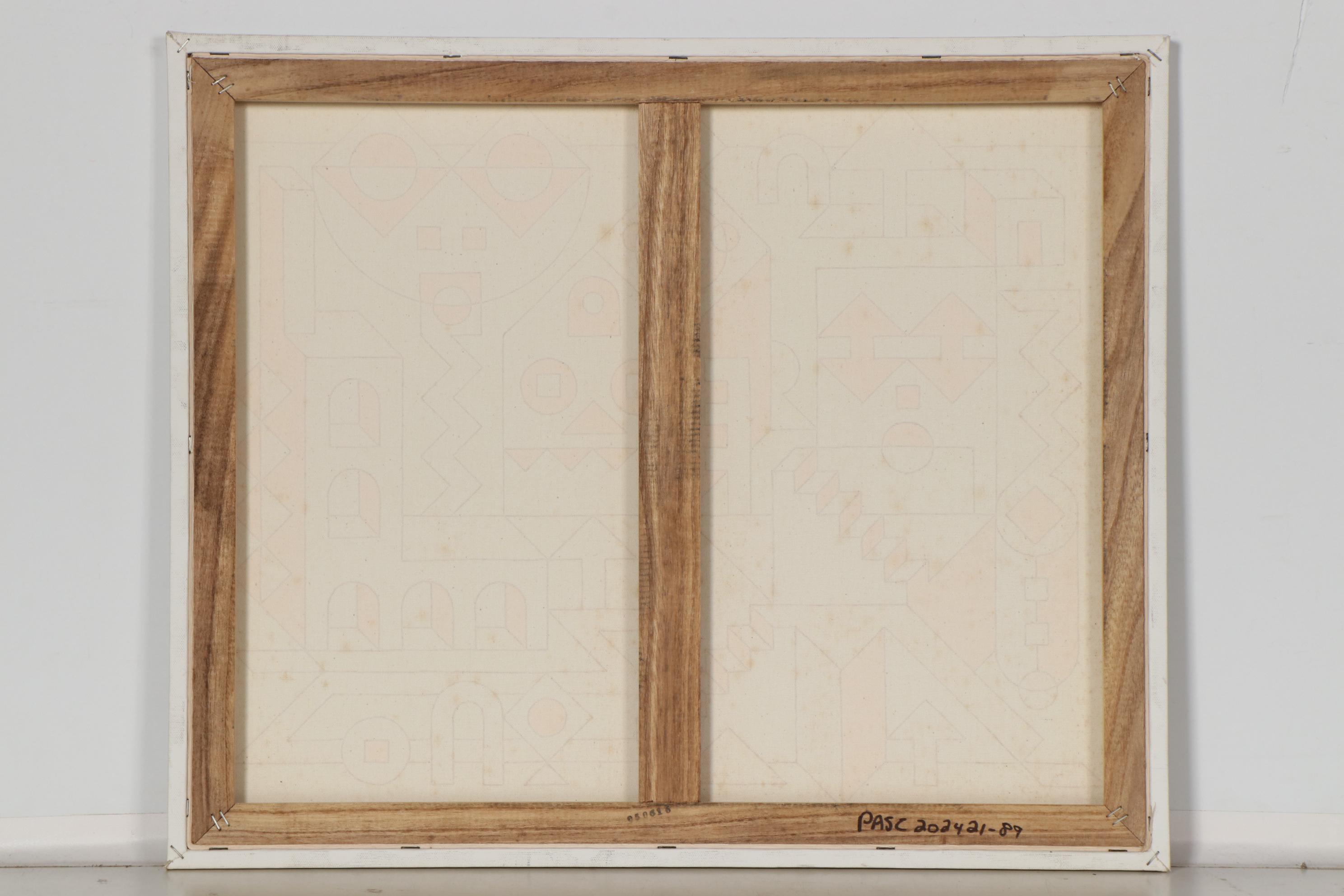 Jerry Kellems Abstract Acrylic Painting of Buildings and Stairs