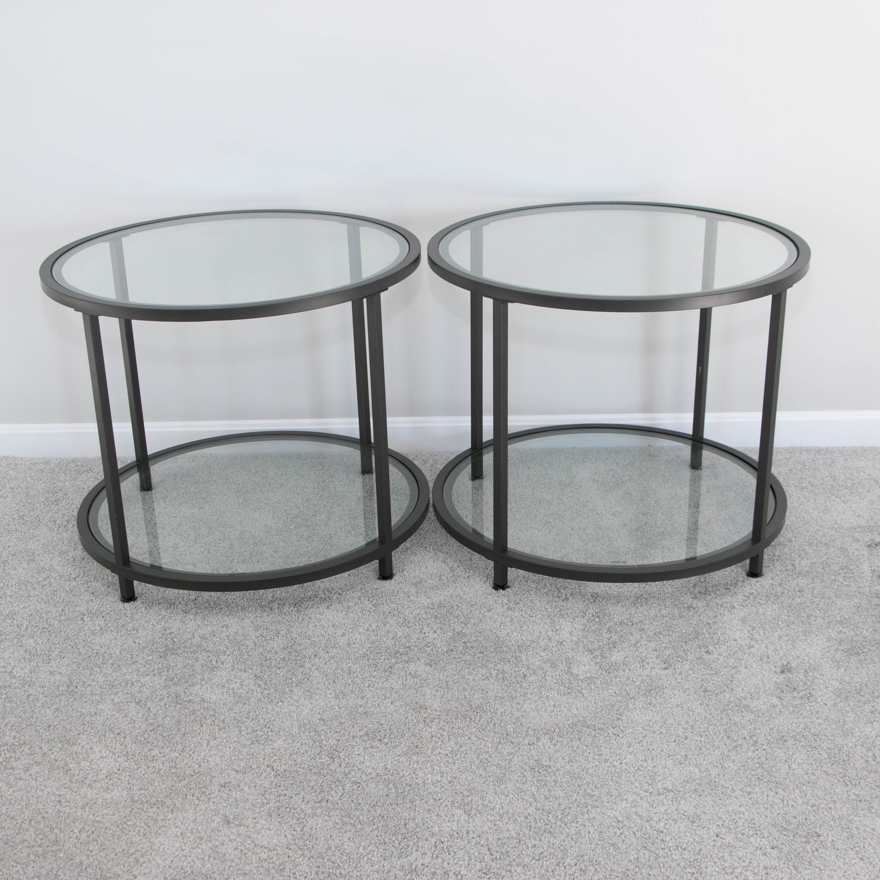 Metal and Tempered Glass Round Two-Tier End Tables