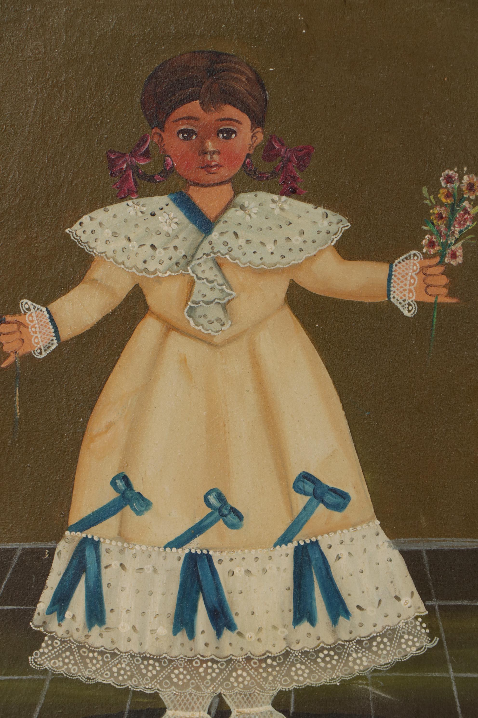 Agapito Labios Folk Art Oil Painting of Girl, Mid-20th Century