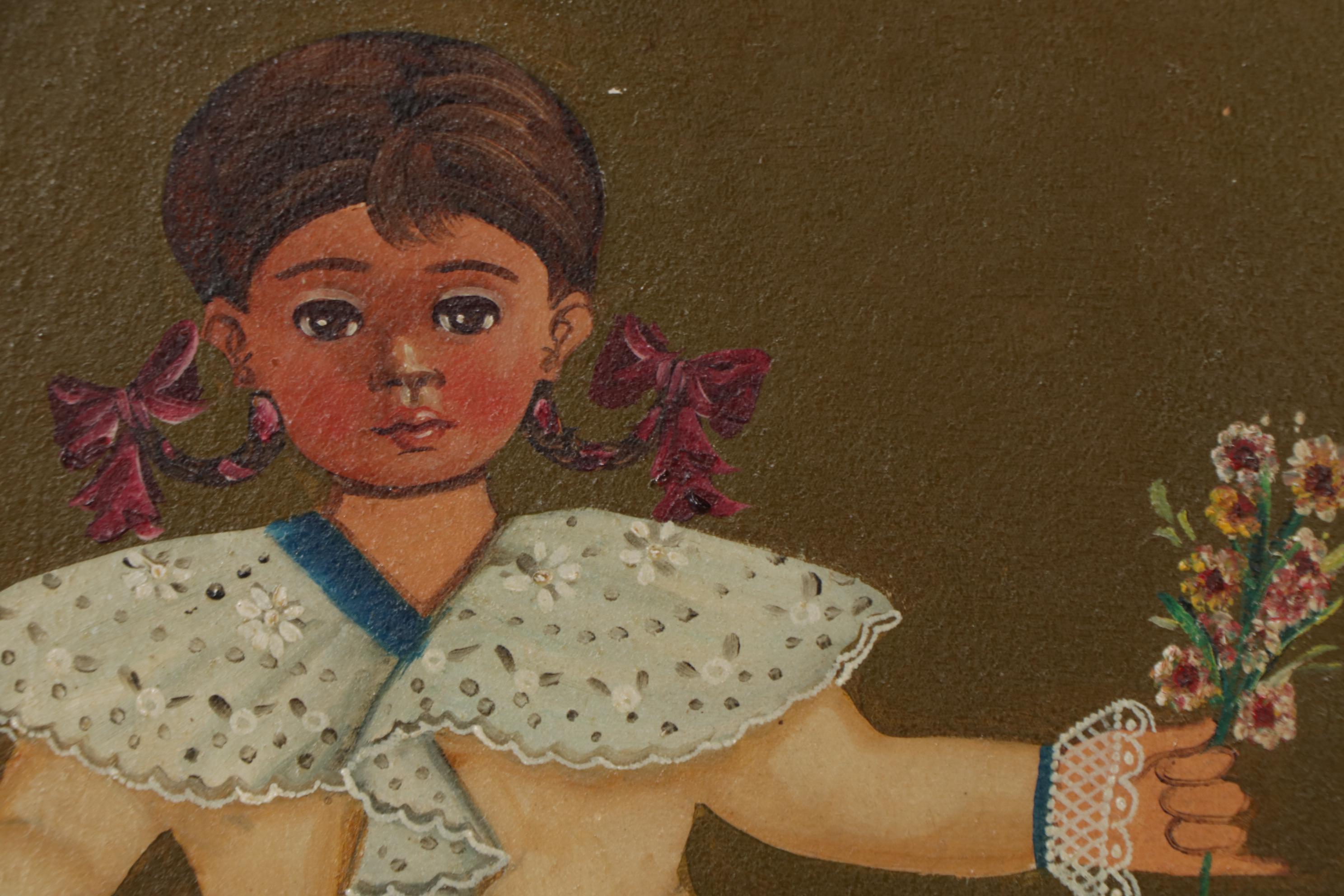 Agapito Labios Folk Art Oil Painting of Girl, Mid-20th Century