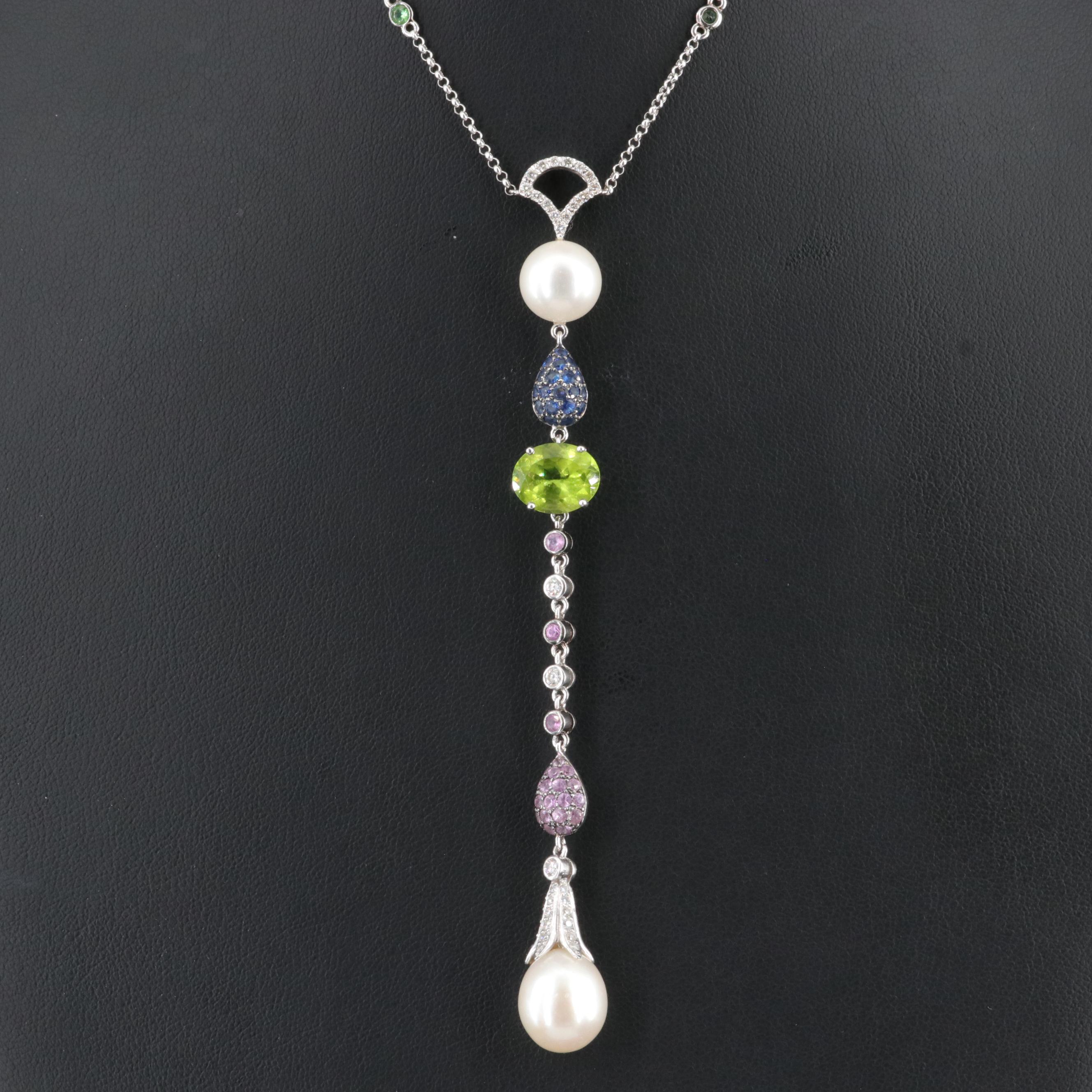 18K Pearl, Peridot, Sapphire and Diamond Drop Necklace