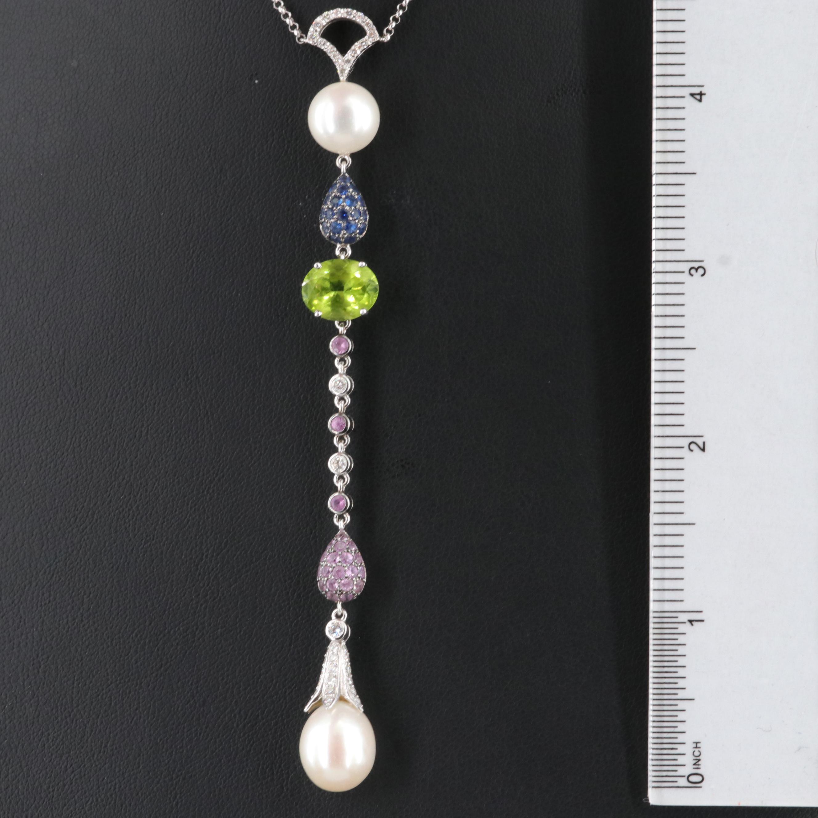 18K Pearl, Peridot, Sapphire and Diamond Drop Necklace
