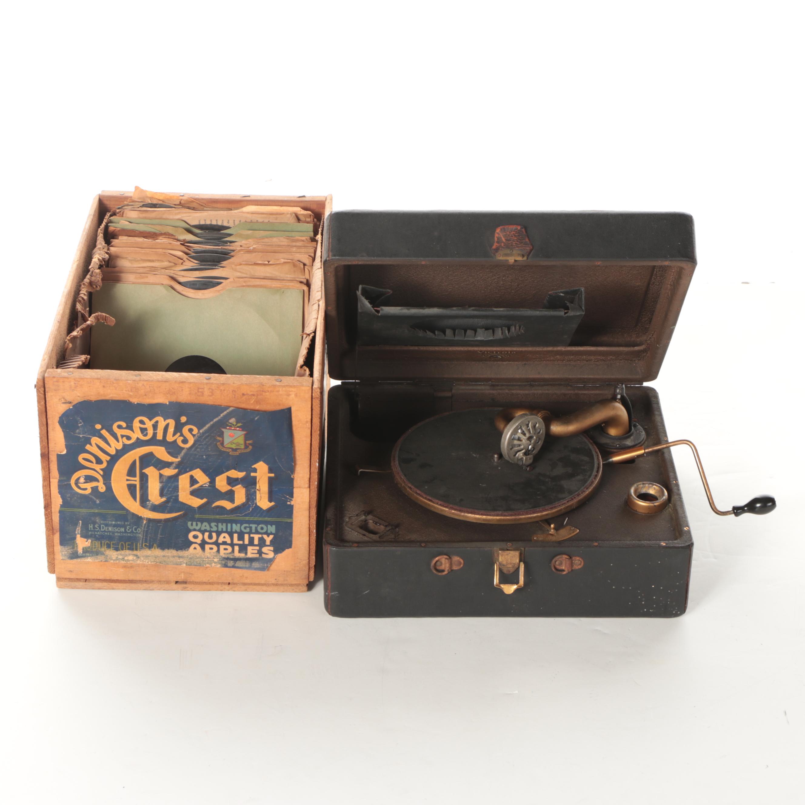 Victor Victrola Orthophonic Phonograph Record Player with Records