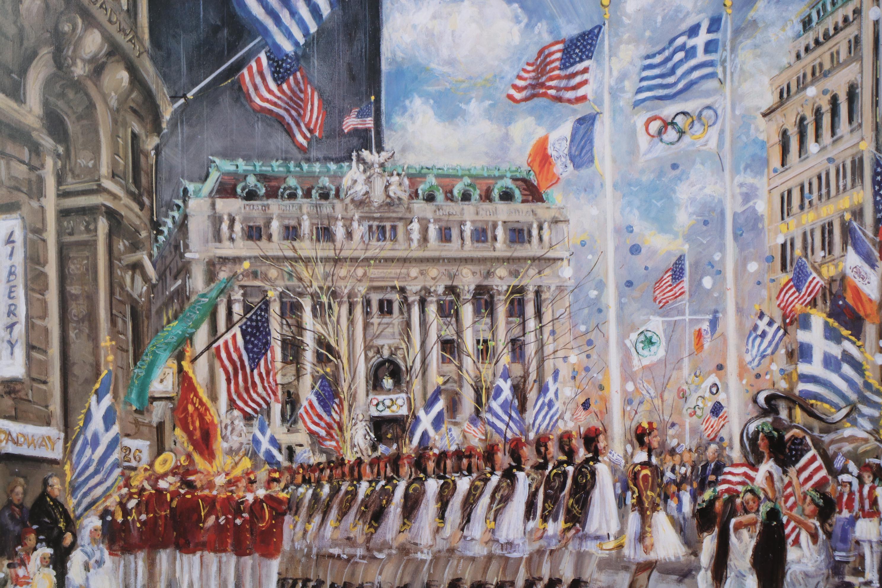 Kamil Kubik Offset Lithograph of Greek Parade on Broadway, Late 20th Century
